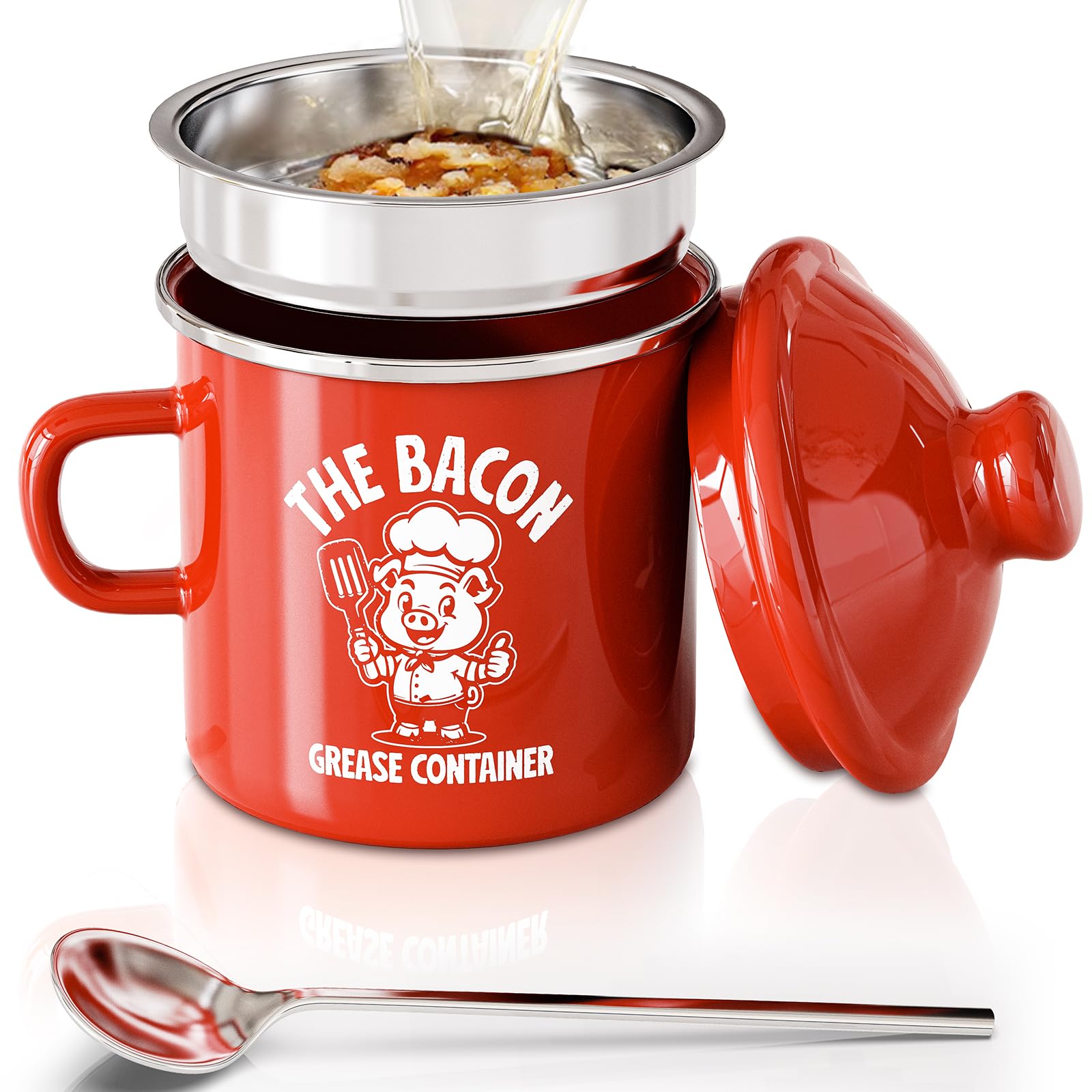 pgyard mini bacon grease saver with strainer - 15oz enamel grease container farmhouse bacon grease keeper for kitchen fat storage dishwasher safe-red