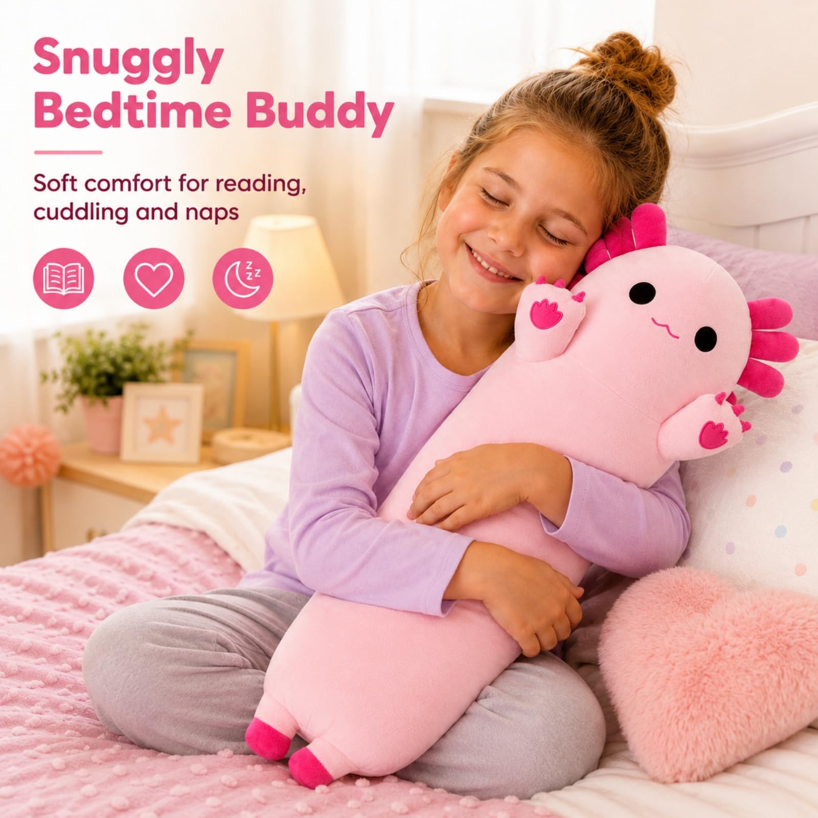 SNOWOLF Gefüllte Axolotl Lange Kissen Plüsch Tier Spielzeug Weiche Kawaii Stuff Kuscheltier Spielzeug Entzückende Umarmung Kissen für Kinder (90cm, rosa)