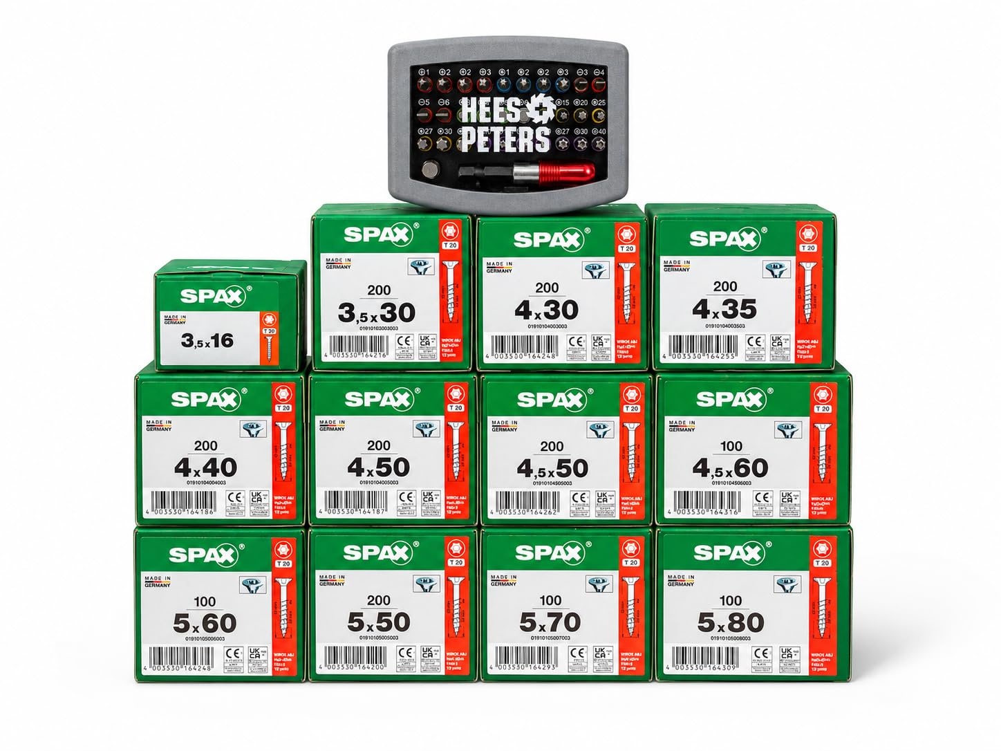 SPAX Schraubenset Heimwerker – 2100 T-Star Plus WIROX Schrauben T20/T30 – Teilgewinde – Größenmix 3,5x16 bis 5x80 mm – rostschutzbeschichtet – im praktischen Set mit exklusivem Bitset