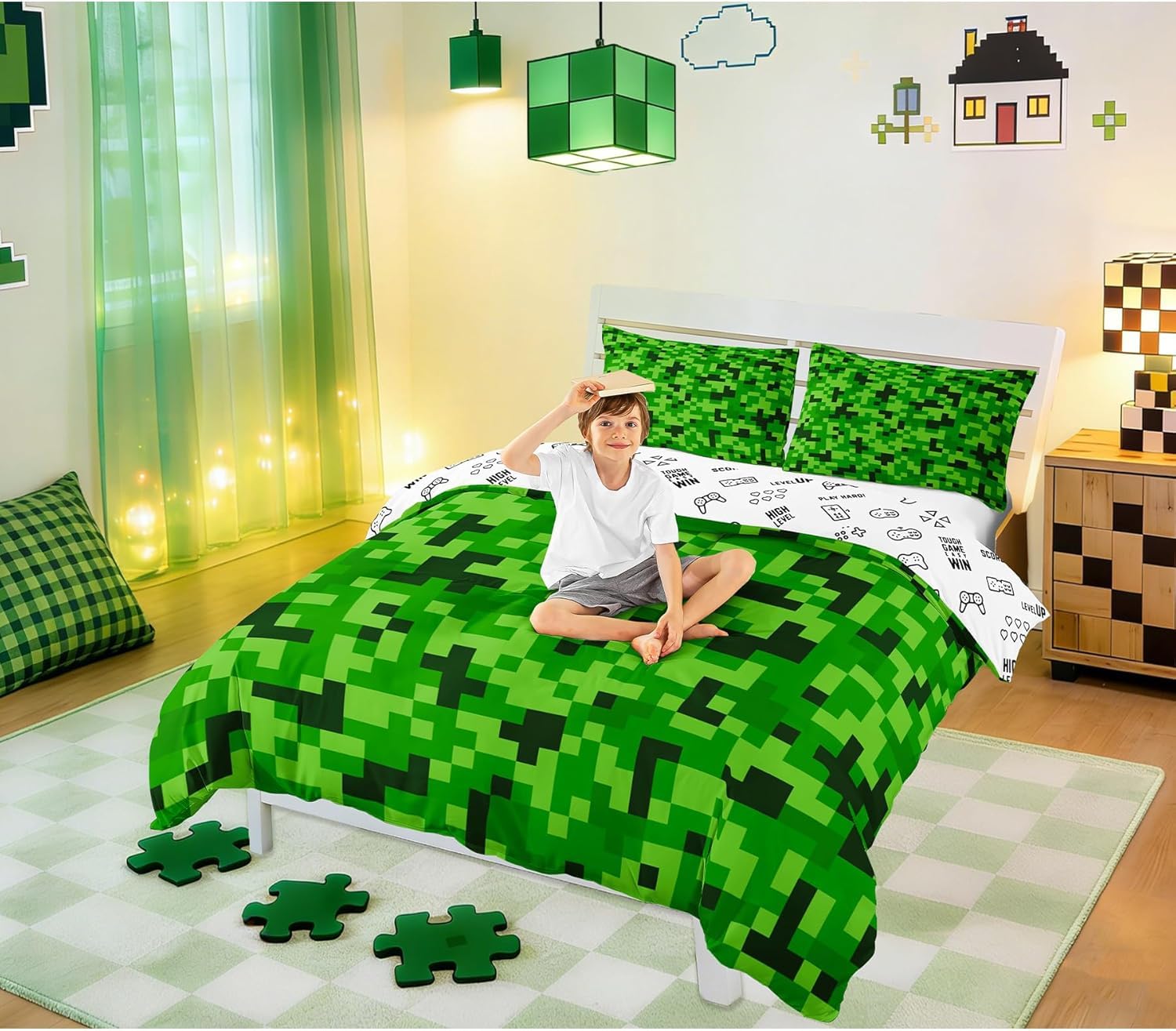 Green Pixelated Miners Duvet Cover Set King Size,Video Games Bedding Set for Kids Boys Girls Teens Room Decor,Cartoon Gamepad Comforter Cover Modern Geometric Check Quilt Cover,2 Pillowcases