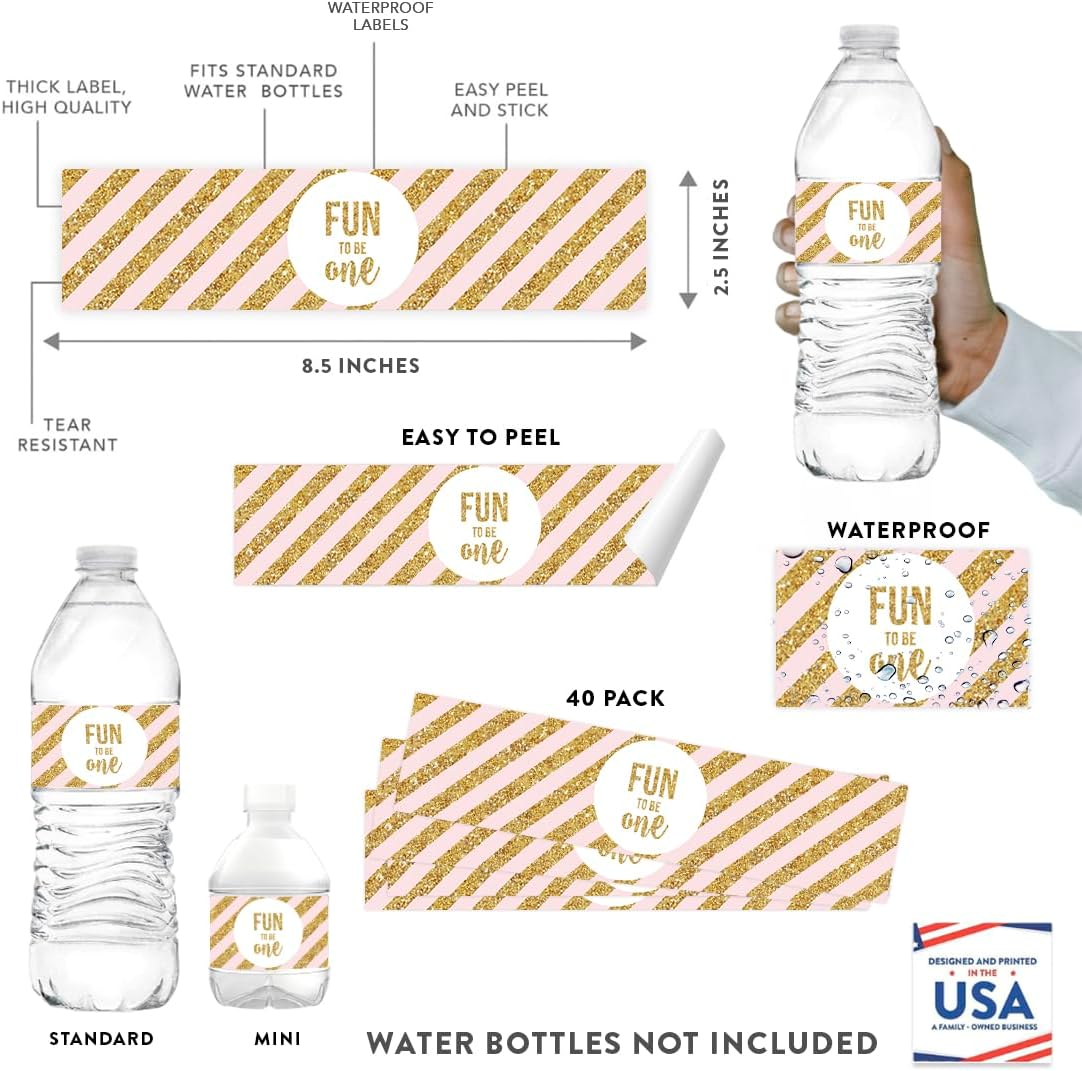 Andaz Press Blush Pink Gold Glitter Girl's 1st Birthday Party Collection, Water Bottle Label Stickers, 20-Pack