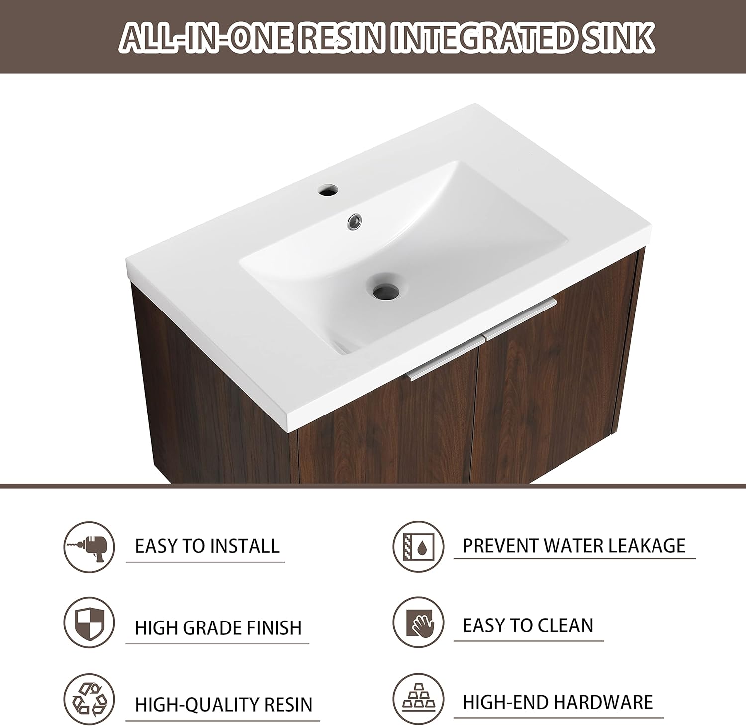 30 Inch Bathroom Vanity with Sink, 30” Floating Vanity with Sink, Premium Plywood Wooden Cabinet with Single Resin Basin, Modern Wall Mounted Cabinet Set, Soft Close Operation