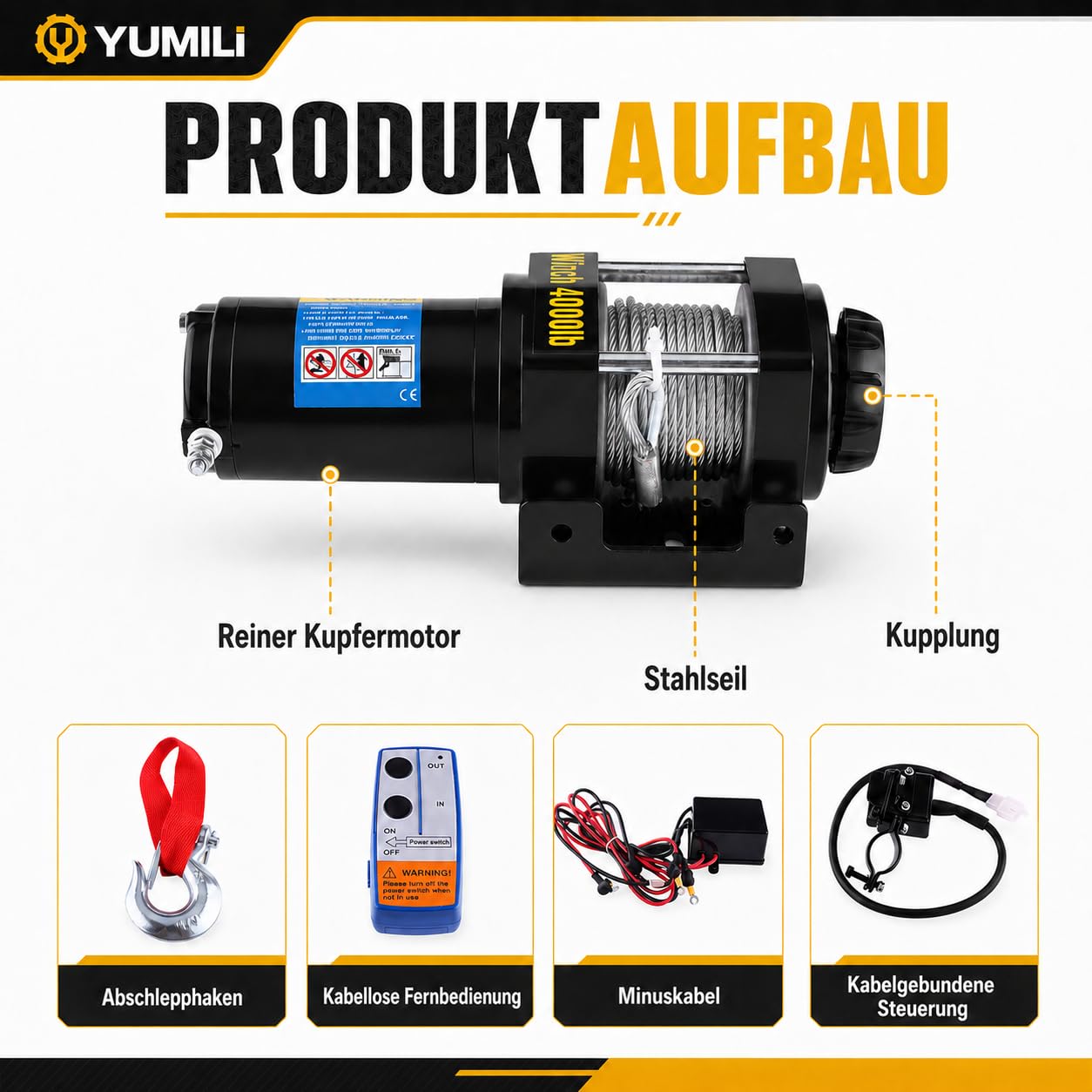 Elektrische Seilwinde 12V, 4000 LBS/ 1818 Kg Motorwinde Seilzug, 4.8mm x 15m Stahlseil Elektrowinde Winde, Wasserdicht nach IP67 mit Fernbedienung, für UTV, ATV, Bootstrailer, Offroad-Bergung