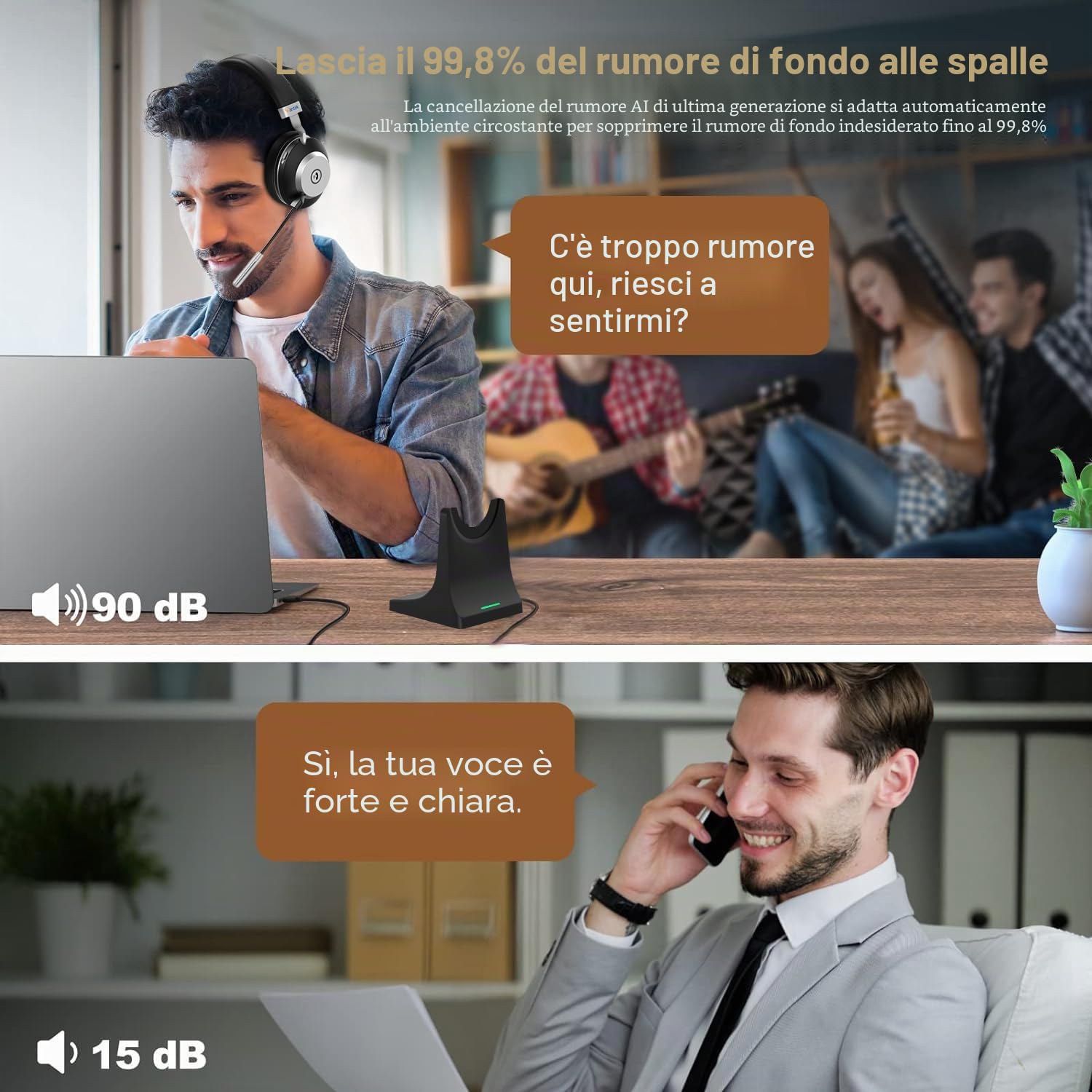 Wantek ‌Cuffia Business Noise Cancelling Attivo & Ricarica Wireless - Doppia Modalità BT5.3/2.4GHz, 45h Autonomia, Driver 40mm 116dB + IPX4 per PC/PS5/Smartworking