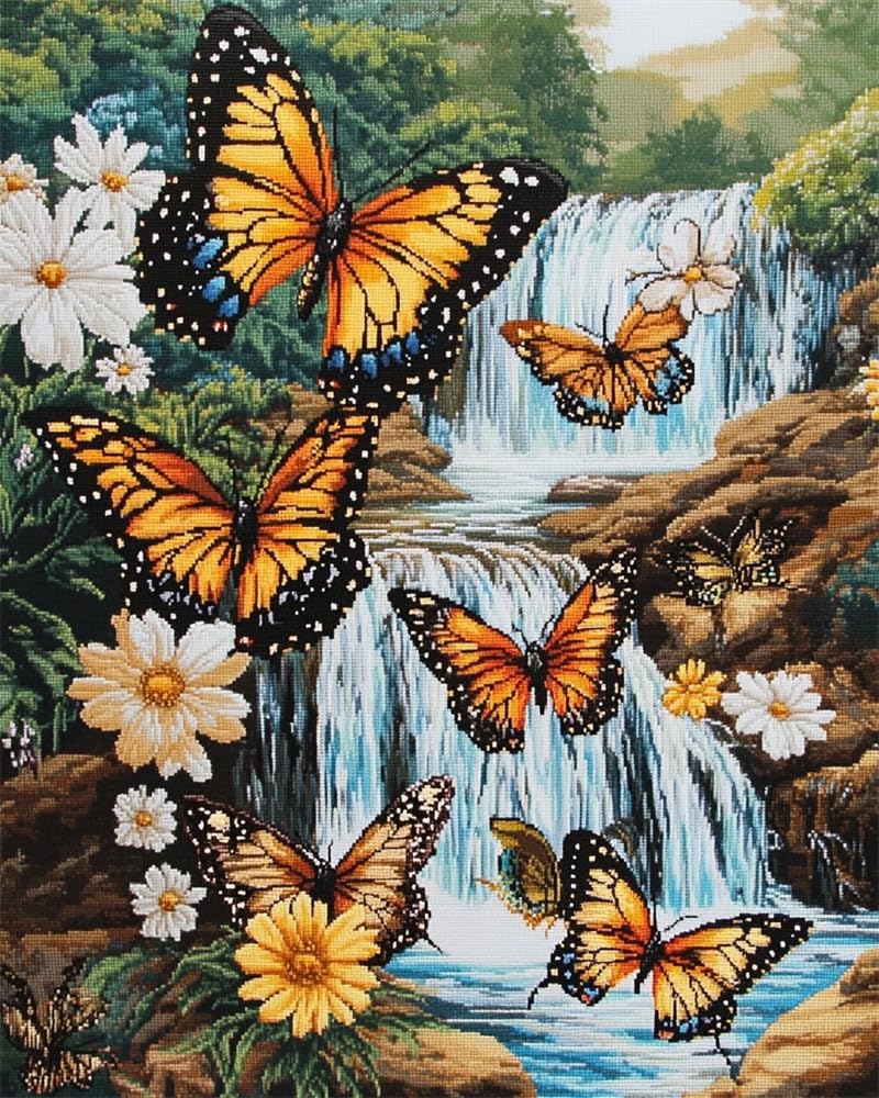 Henypt DIY Embroidery Kit with Beads Butterflies Fluttering –9Ct Cross Stitch Bead Set, Pre-Printed Fabric & Needlework Kit for Adults, Beginners, Hobby Crafters & Handmade Gifts