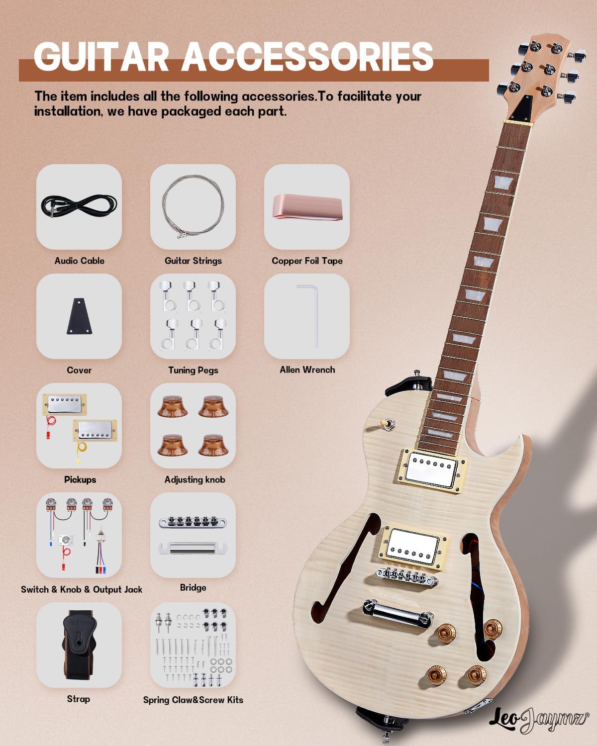 Detailed view of various guitar accessories included in the kit, such as audio cable, guitar strings, copper foil tape, cover, tuning pegs, Allen wrench, pickups, adjusting knobs, switch, output jack, bridge, strap, and spring claw & screw kits.