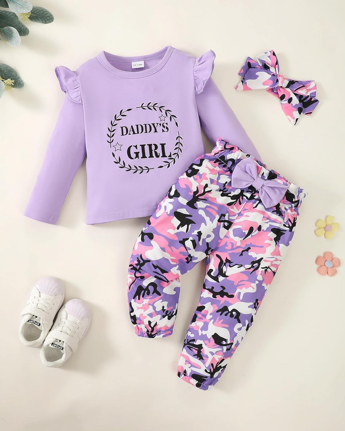 Mikrdoo Baby Girl Clothes Toddler Girl Outfits Long Sleeve Ruffle Shirt Tops Baby Camo Pants - Image 2