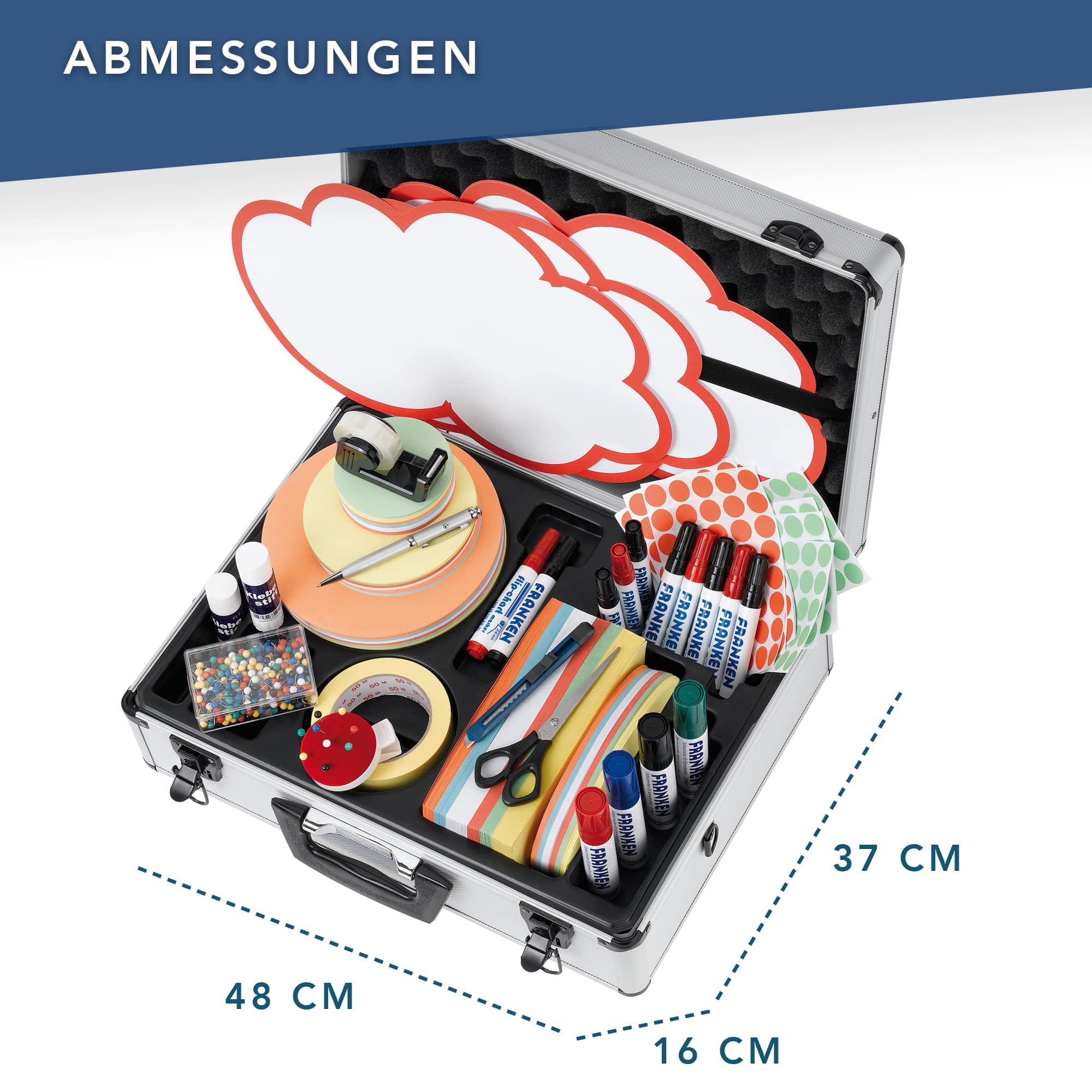 Franken Moderationskoffer Profi, Präsentationskoffer 2500-teilig, Aluminiumkoffer mit Tragegriff und Schultergurt, 37 x 48 x 16 cm, silber (UMK)