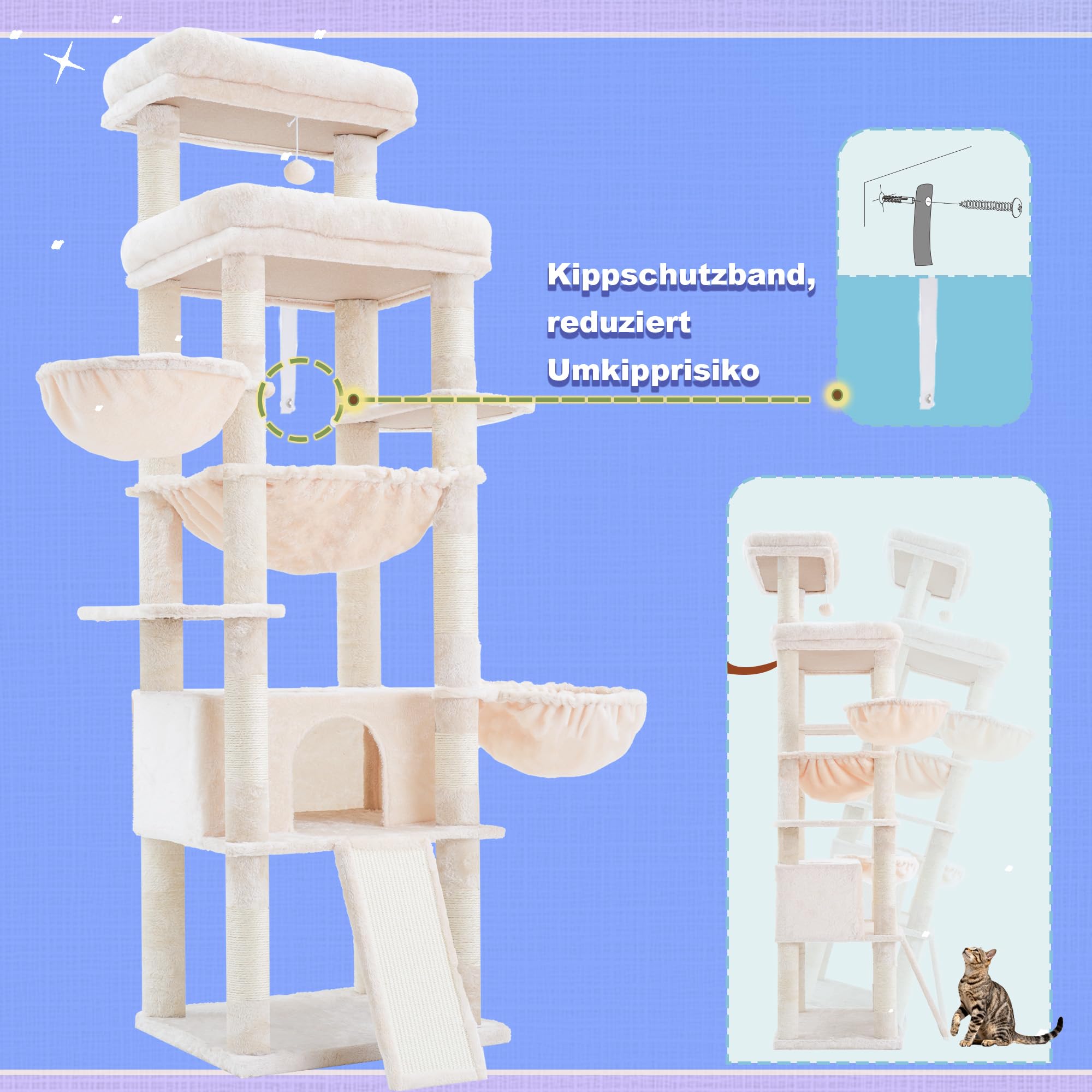 Hey-brother Tiragraffi per Gatti, con Amaca, Cuccia, 2 Piattaforme, MPJ80M | 180cm Albero per Gatti, 2 Ceste, Rampa graffiante, Pompon, Ideale per più gatti da interno, Beige