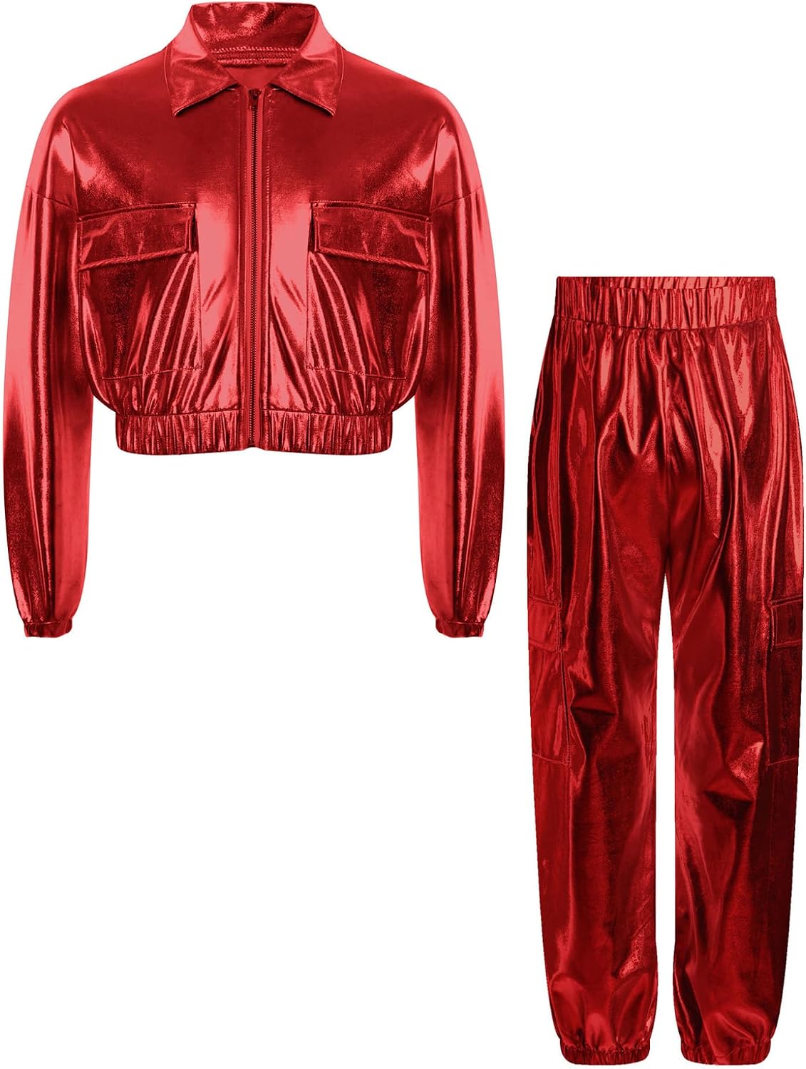 Hansber Kids Girls Shiny Metallic Long Sleeve Jacket Jazz Hip Hop Street Dance Coat with Pants Set Disco Party Outfit Red 8 Years
