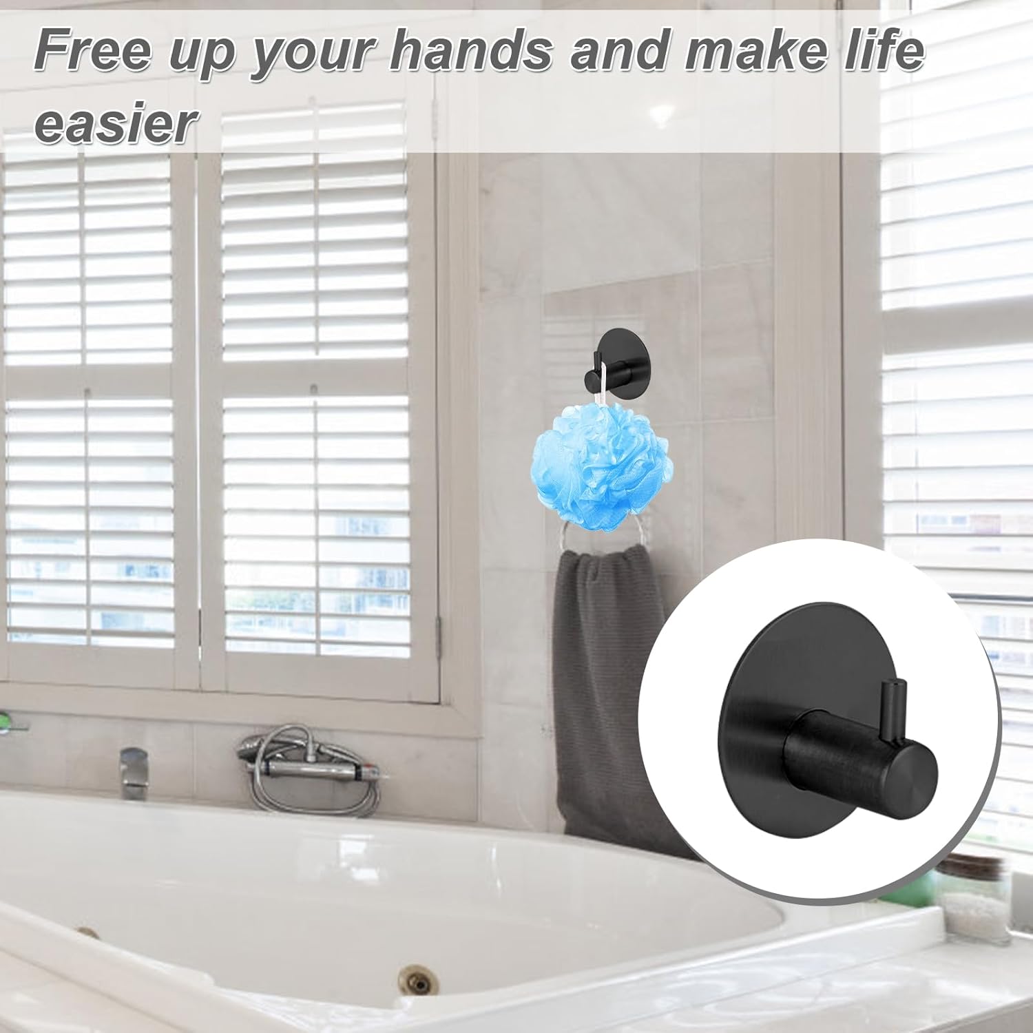 4 Pcs Bathroom Accessories Set, VEGCOO Self Adhesive Toilet Roll Holder, Oval Towel Holder and 2 Hooks, Stainless Steel Wall Mounted Bathroom Accessories Set for Bathroom Kitchen, No Drilling (Black)