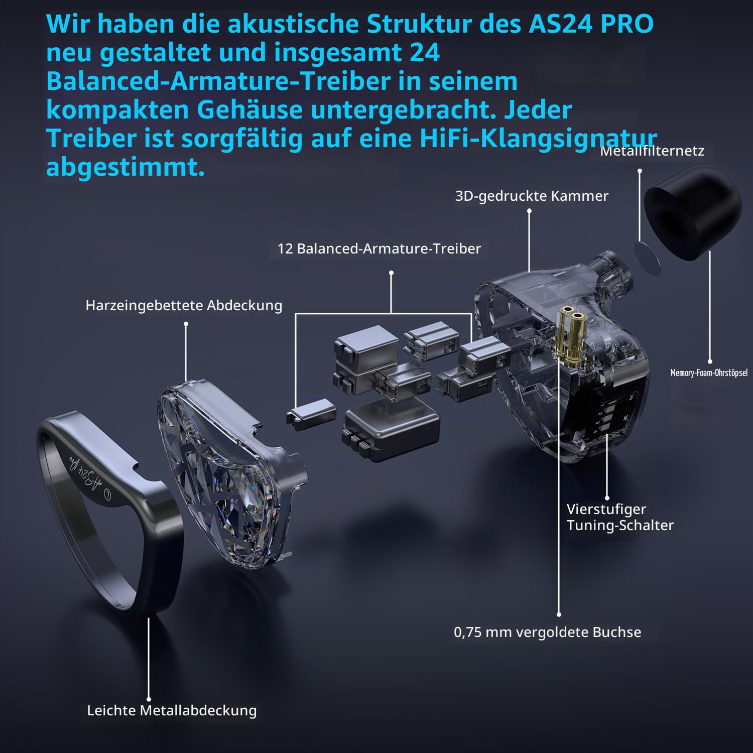 KZA COUSTICS KZ AS24 Pro In Ear Monitor mit 12 BA-Treibern, IEM Kopfhörer mit 4 Einstellmöglichkeiten, HiFi-Bass, Gaming Ohrhörer, klarem Stereoklang über alle Frequenzen, für Musiker Audiophile