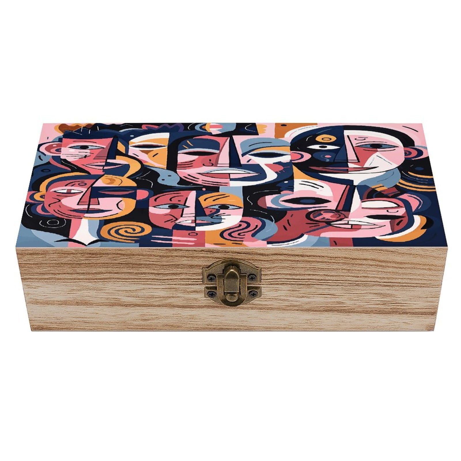 Btcowzrv Style Hand Drawn Human Faces Wooden Storage Box, Keepsake Box With Hinged And Retro Lock, Wood Jewelry Organizer For Photos & Mementos And Home Decor