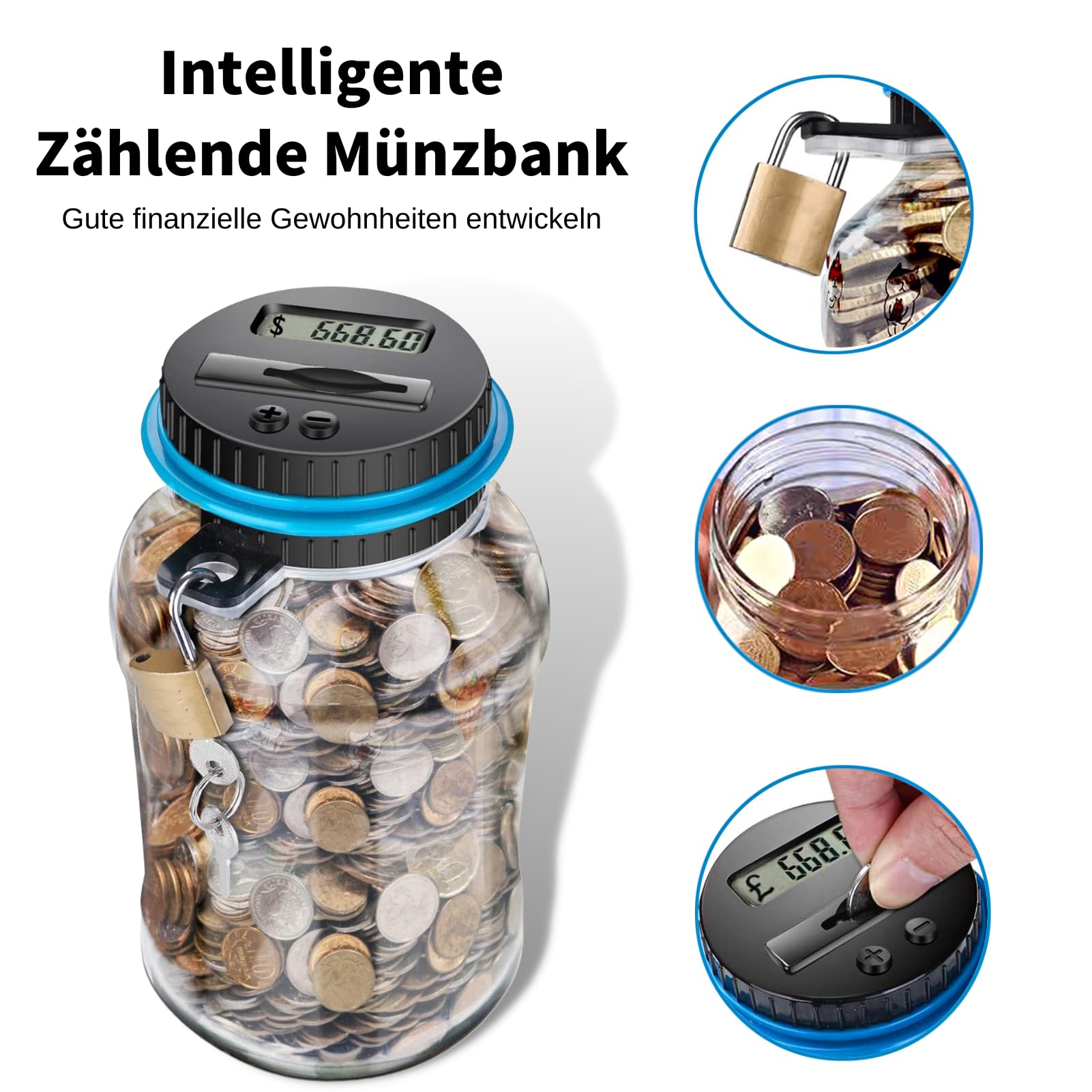 Digitale Spardose, 2,5L (800–1000 Münzen) Spardose mit Zähler, Spardose Groß mit LCD-Bildschirm, Durchsichtige Sparschwein, Münzzähler für Kinder Erwachsene Geschenk