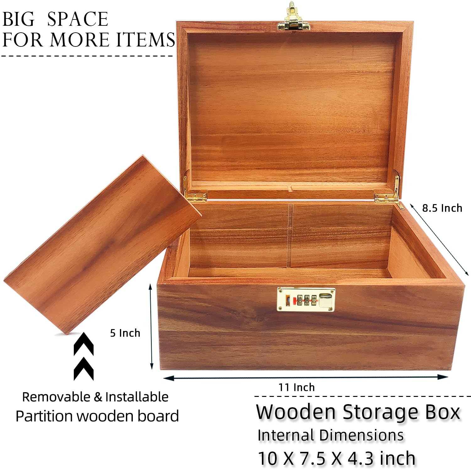 MFLUEEWR Grande scatola di legno con coperchio incernierato con serratura a combinazione con divisore regolabile, scatola decorativa in legno con serratura per ricordi, oggetti di valore, accessori,