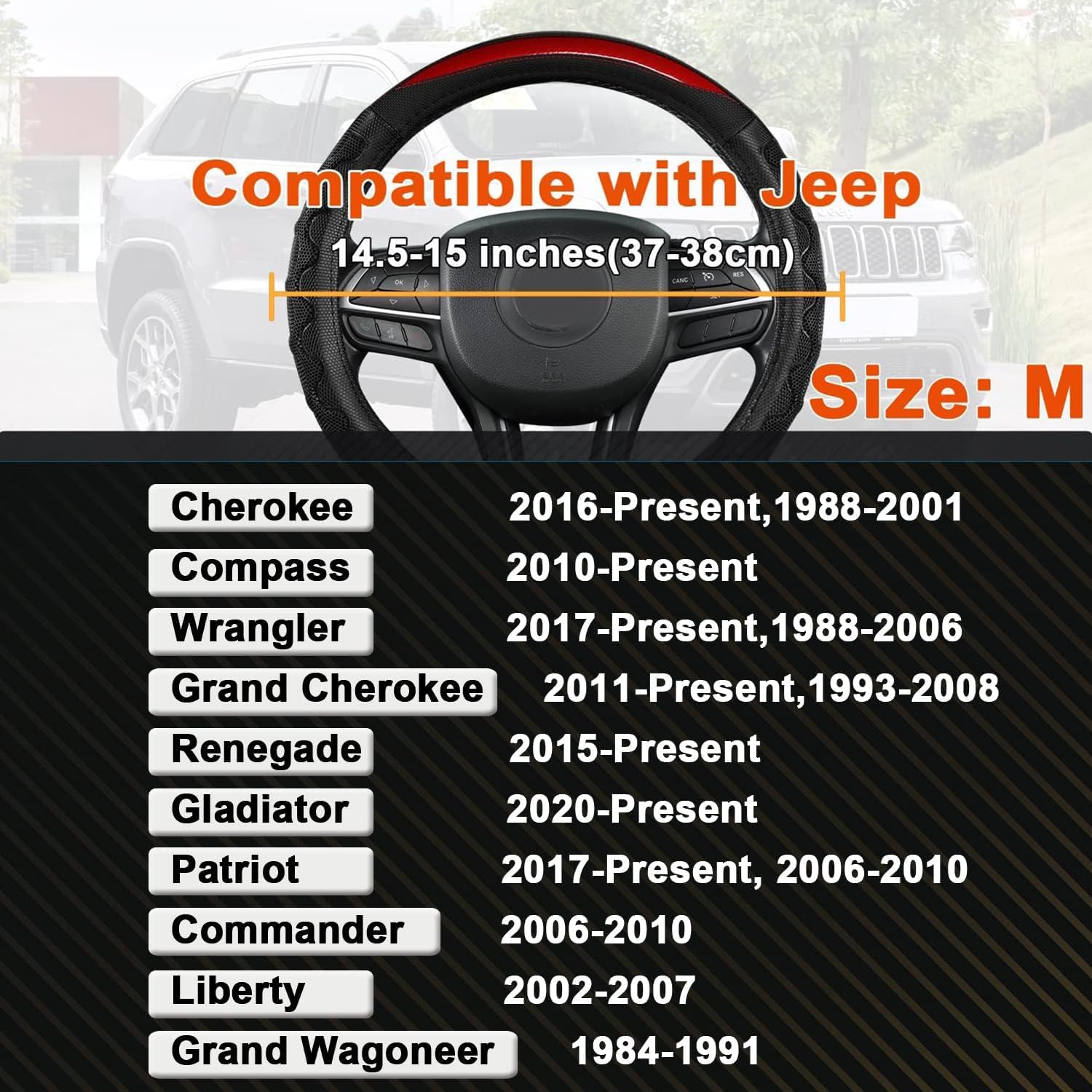 GIANT PANDA Steering Wheel Cover for Jeep Wrangler, Car Steering Wheel Cover for Jeep Grand Cherokee and Cherokee - Red