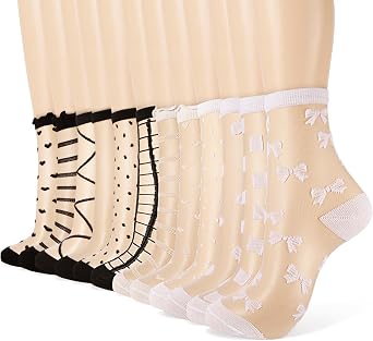 12Pairs Black White Sheer Socks Dot Bow