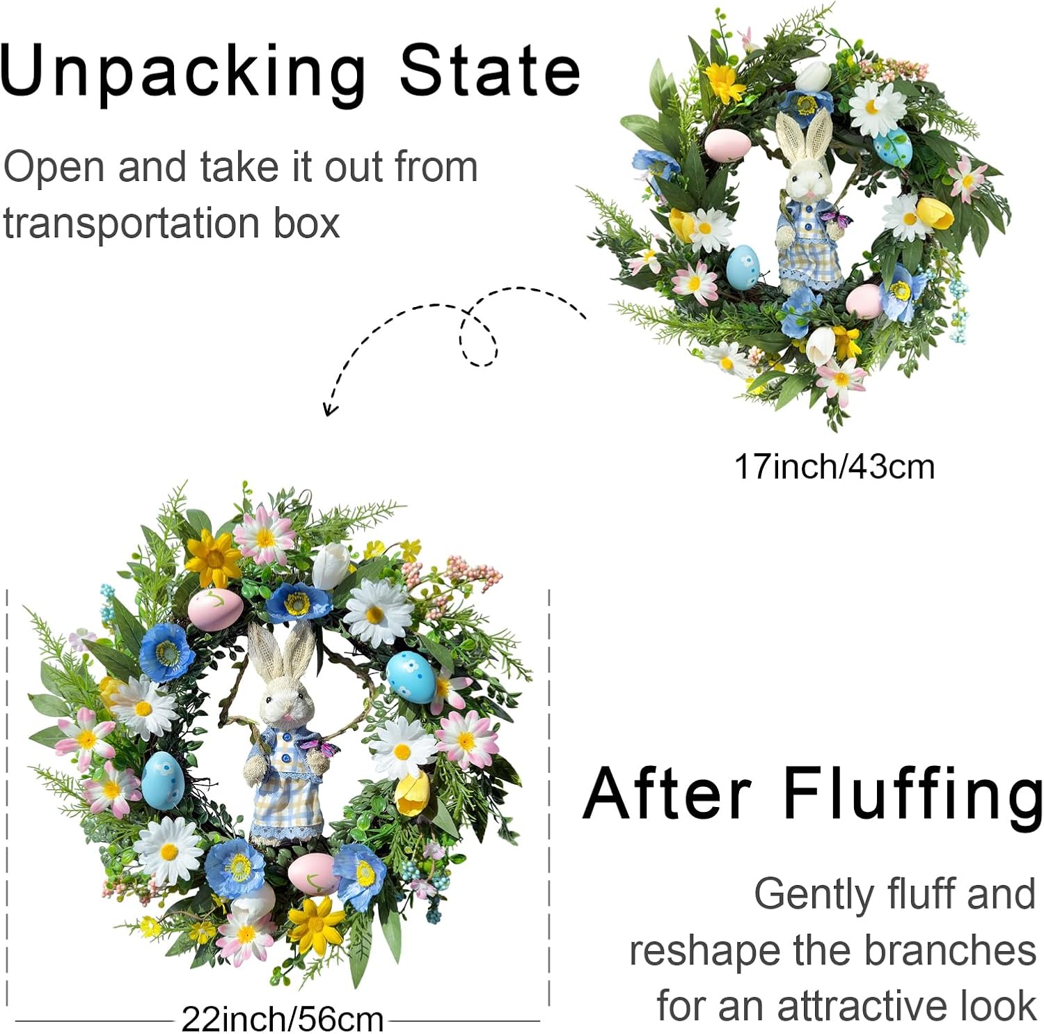 22" Spring Summer Easter Wreaths for Front Door with Straw Bunny, Colorful Flowers and Decorative Eggs Home Wall Porch Window Outdoor Cute Decoration