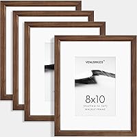 Venusmiles 8x10 Solid Walnut Picture Frame Set of 4 with 5x7 Removable Mat - HD Plexiglass, Wall & Tabletop Display
