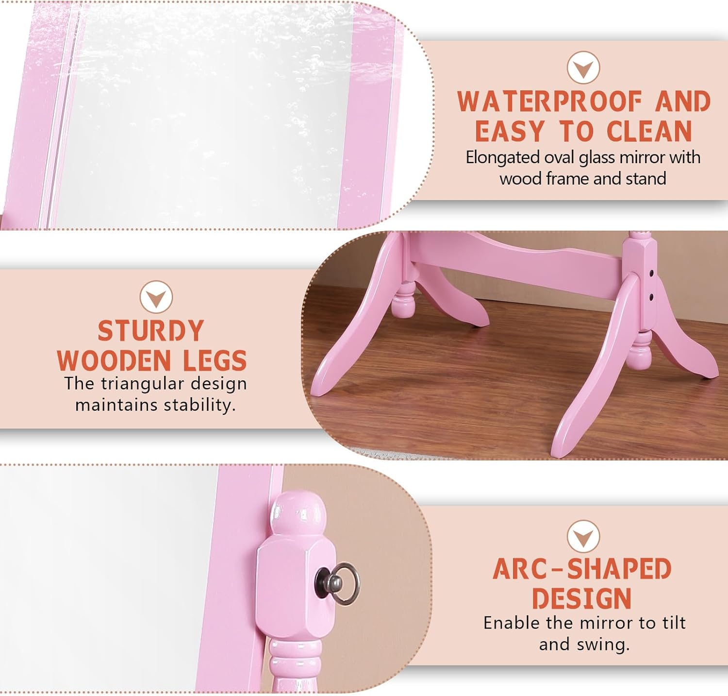 Full Length Mirror with Stand, Swivel Adjustable Oval Wood Cheval Floor Mirror, Dressing Cheval Mirror for Bedroom Livingroom, Interior Gift Idea (Pink)