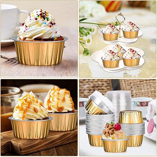 Miniatura 6 de Vasos de aluminio para hornear con tapas, 50 piezas de 5 onzas de papel de aluminio para cupcakes con tapas, vasos desechables de papel de aluminio