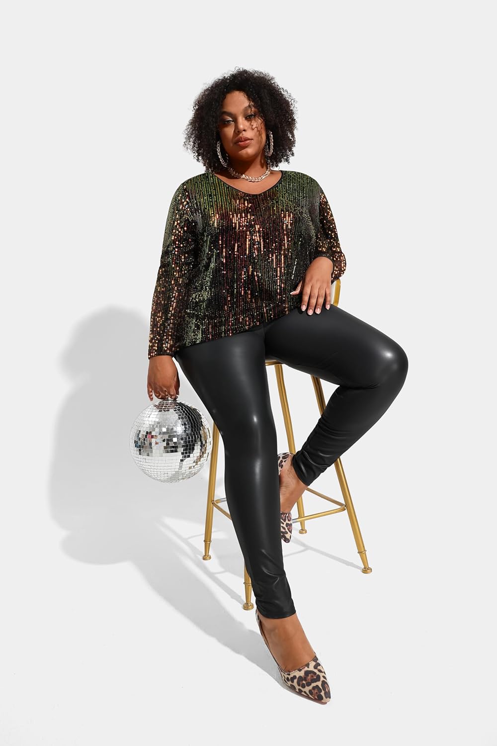 TIYOMI Plus Size Tops for Women Long Sleeve Sequins Party Tunic V Neck Casual Shirt Pleated Front Blouse Spring Winter XL-5XL - Image 4