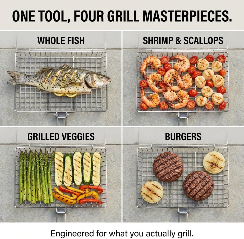 Grill Basket for Outdoor Grill - Heavy Duty Carbon Steel Fish Vegetable Grilling Baskets - Portable BBQ Accessories with Detachable Handle - Large 1.1 Inch Deep Net for Steak & Shrimp