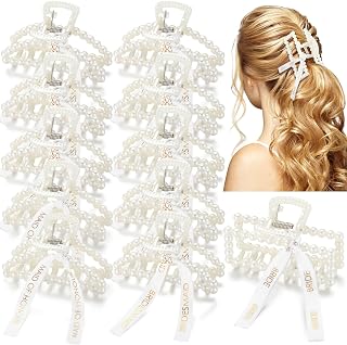 Hotop 11 Pcs Bridesmaid Pearl Hair Clips 3.15 Inch Bridal Hair Claw Clips with Ribbon Bridesmaid Proposal Gifts for Women Girls Accessories Styling Wedding Bridal Party Present