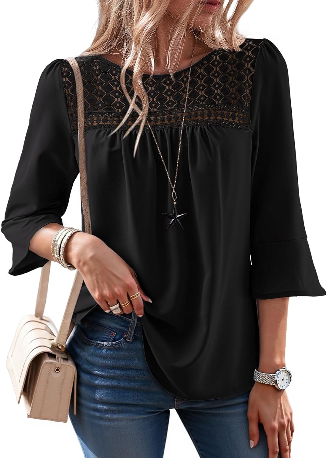 Dokotoo Women's 2025 Fall Fashion Tops 3/4 Sleeve Crewneck Shirts Casual Chiffon Boho Lace Blouses