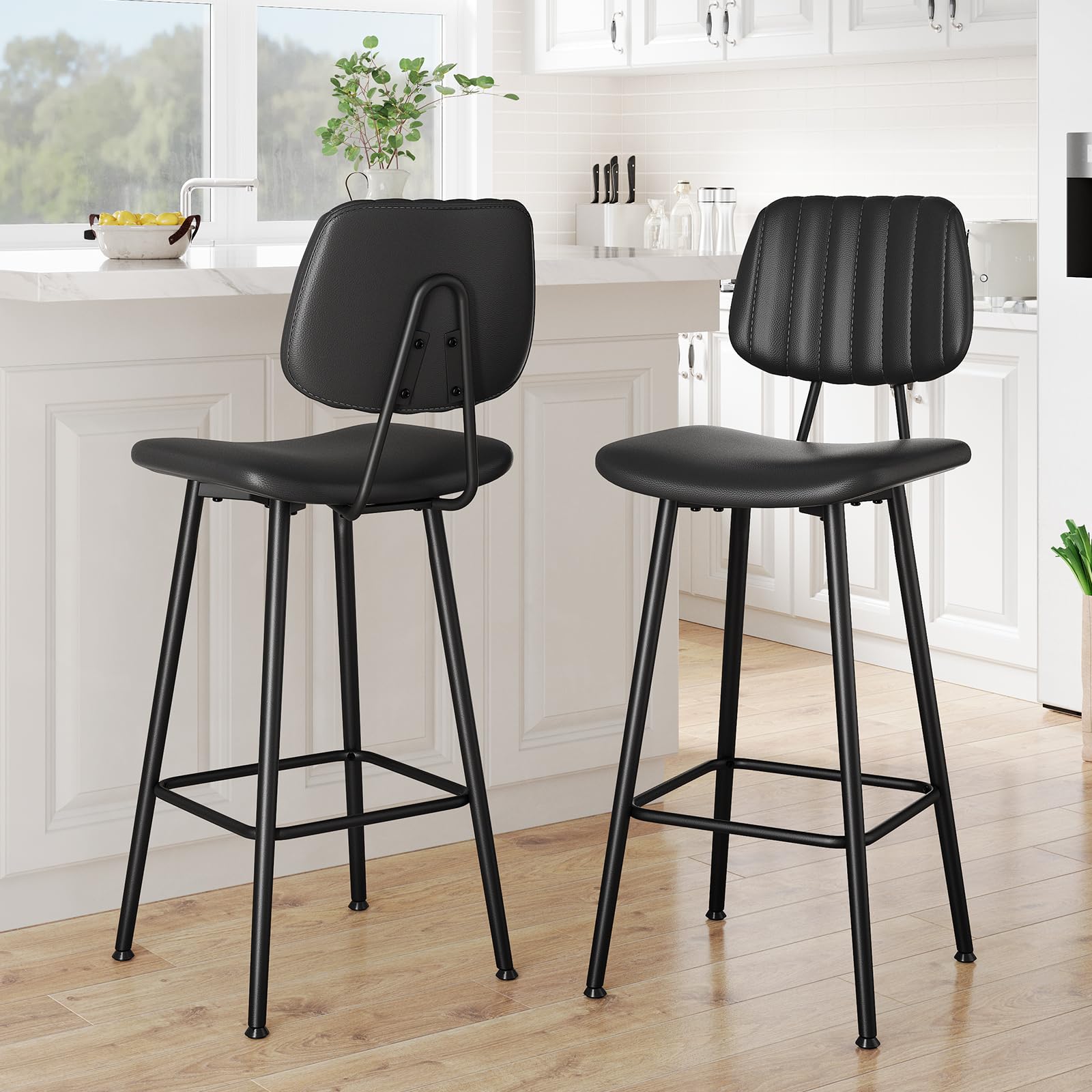 Raynesys 29-Inch Leather Bar Stools Set of 2, Counter Height Barstools with High Backrest，Bar Chairs for Kitchen Island with Heavy Duty Metal Legs,