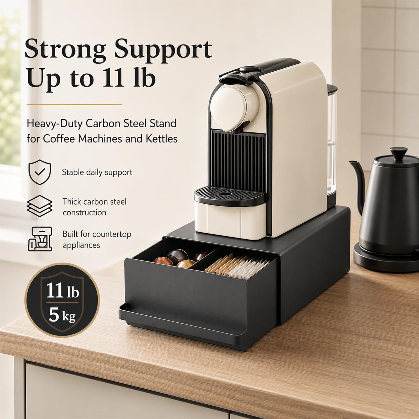 Porte-capsules de café, 27,5 x 22,2 x 11,5 cm, avec tiroir, fabriqué en acier au carbone, capacité de charge de 11 kg, organisateur de café pour machine à café, mixeur, bouilloire