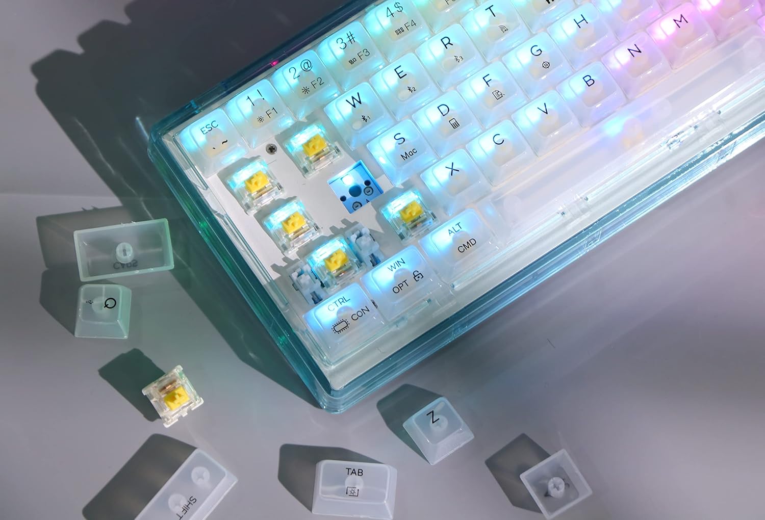 MechLands MC66 65% Hot Swap Programmable RGB 2.4Ghz/ Bluetooth/USB-C Wireless Gaming Keyboard with Double Sound Absorbing Silicone Pad, 4000mAh Battery for Win/MAC/iOS(White, Budgerigar Switch)