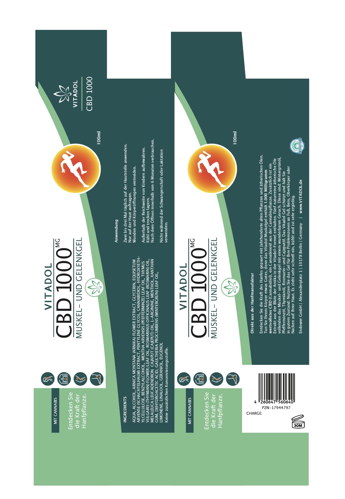 Vitadol CBD Gel mit 1.000 mg CBD HOCHDOSIERT - Cannabis Sport Creme für Muskel und Gelenke (Arnika, Schachtelhalm, Pfefferminze)