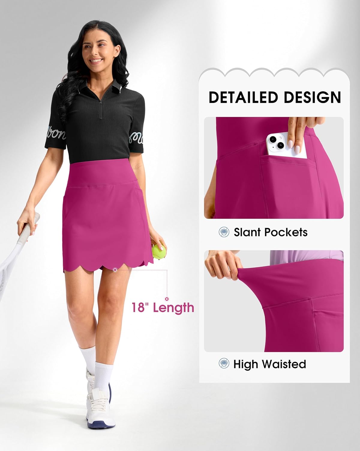 Viodia 18" Skorts for Woman with Scalloped Hem High Waisted Golf Tennis Women Skort Skirts with Pockets Dressy Casual - Image 3