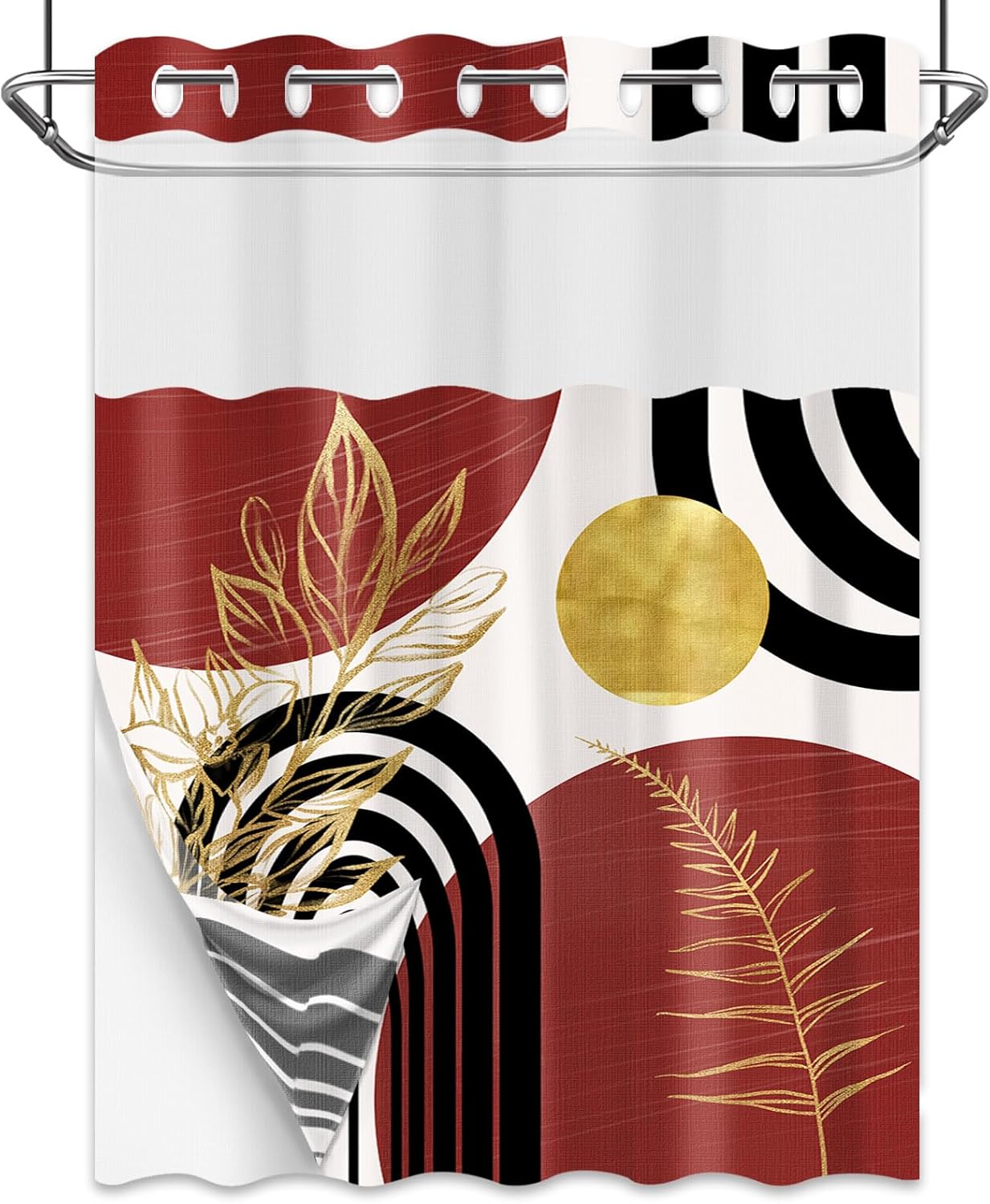 Black and Red Hookless Shower Curtain with Snap in Liner, Boho Red Mid Century Modern No Minimalist Hook Double Layer Shower Curtain and Liner Set, Waterproof Cloth Fabric, 71" W X 74" L (Pack of 1)