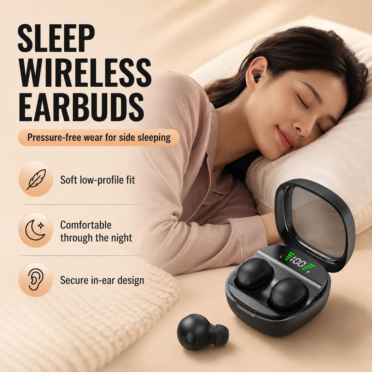 Micool Auriculares inalámbricos invisibles, impermeables, Bluetooth, ligeros, sin dolor, invisibles para dormir sensibles, batería de larga duración (negro)