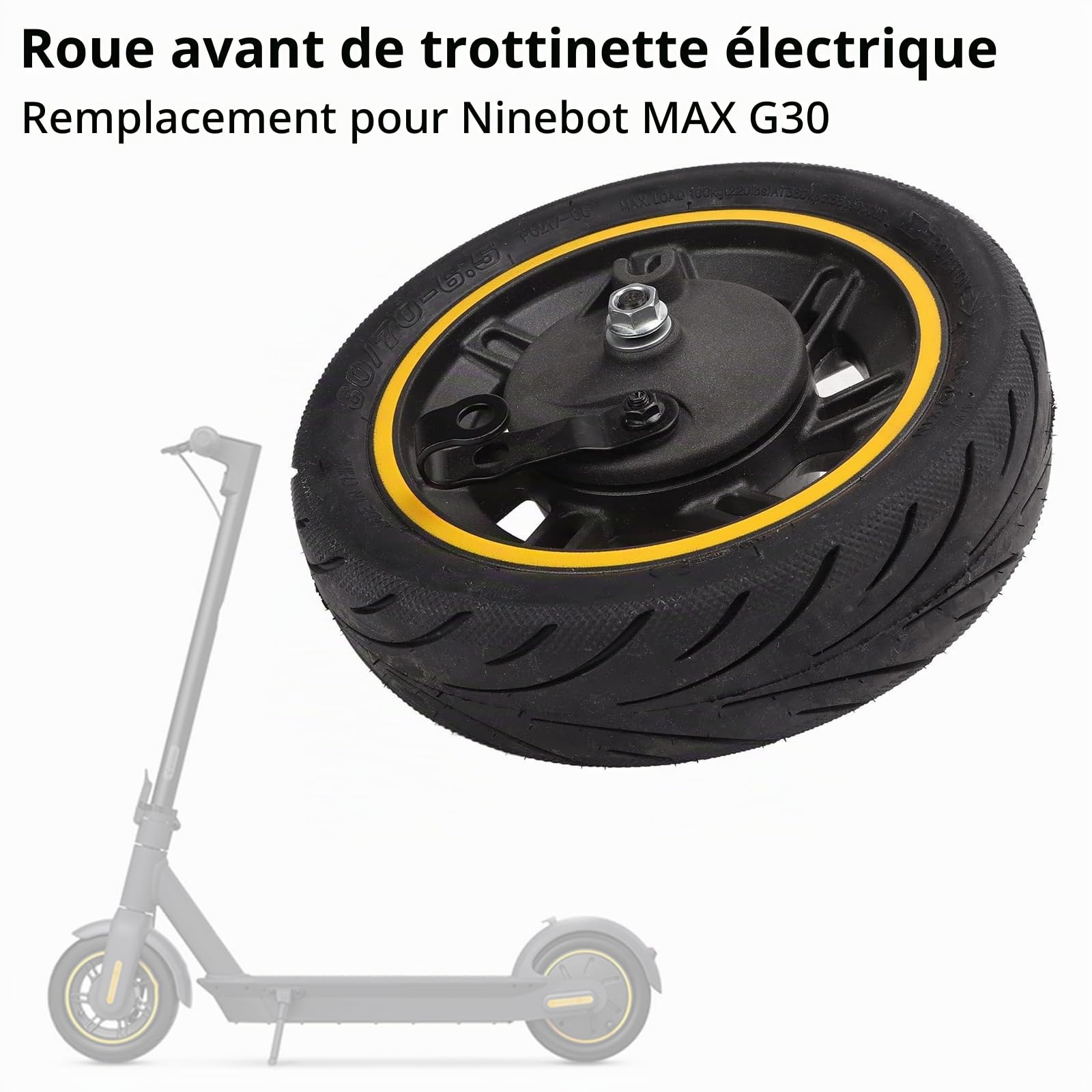 Roues Tubeless pour Segway Ninebot Max G30, 60/70-6,5 Scooter Roue Avant | Roue Avant de Trottinette Électrique de 10 Pouces avec Frein à Tambour