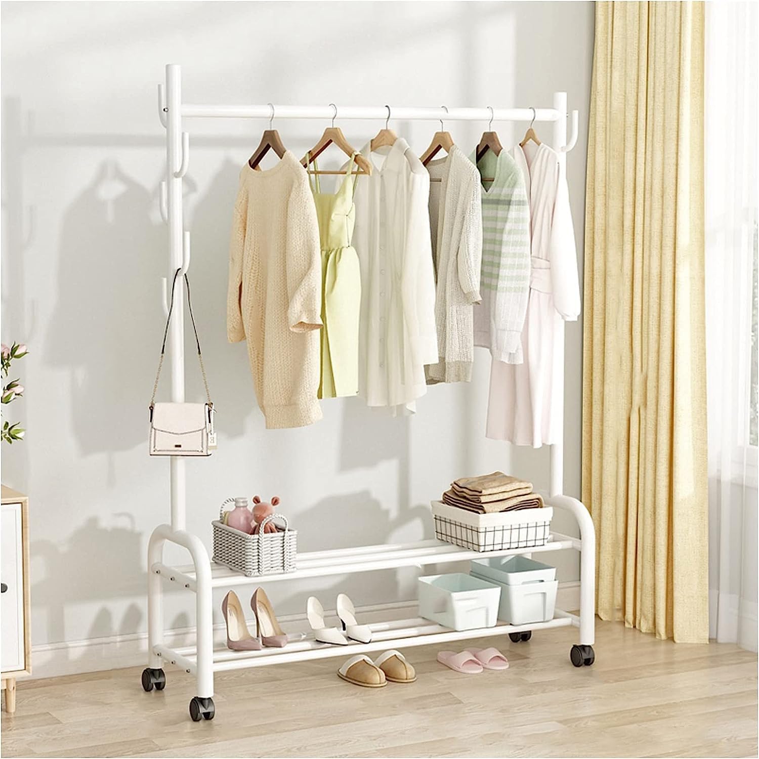 Aycdl White Metal Clothing Rack With 2-Tier Storage Shelves Heavy-Duty Rolling Garment Stand With 7 Hooks For Basement Attic Entryway Bedroom Max Load 100Kg,-120Cm