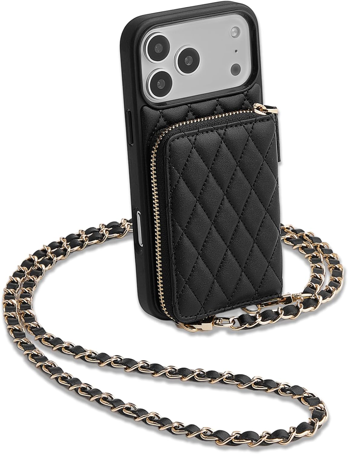 LAMEEKU for iPhone 17 Pro Max Wallet Case with Card Holder, Quilted Leather Crossbody Zipper Purse for Women 6.9” Black