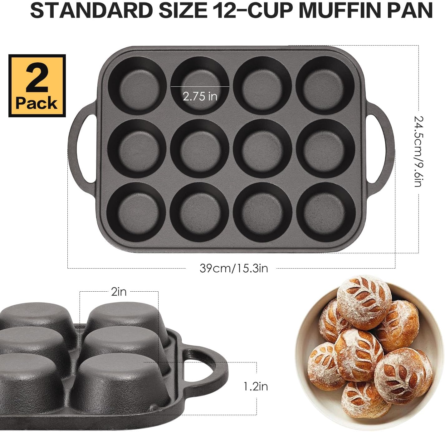 2pack Cast Iron Muffin Pans for Baking 12 Cup Regular Size Cupcake Pan with Handle Pre-Seasoned Muffin Pans Molds - Image 2