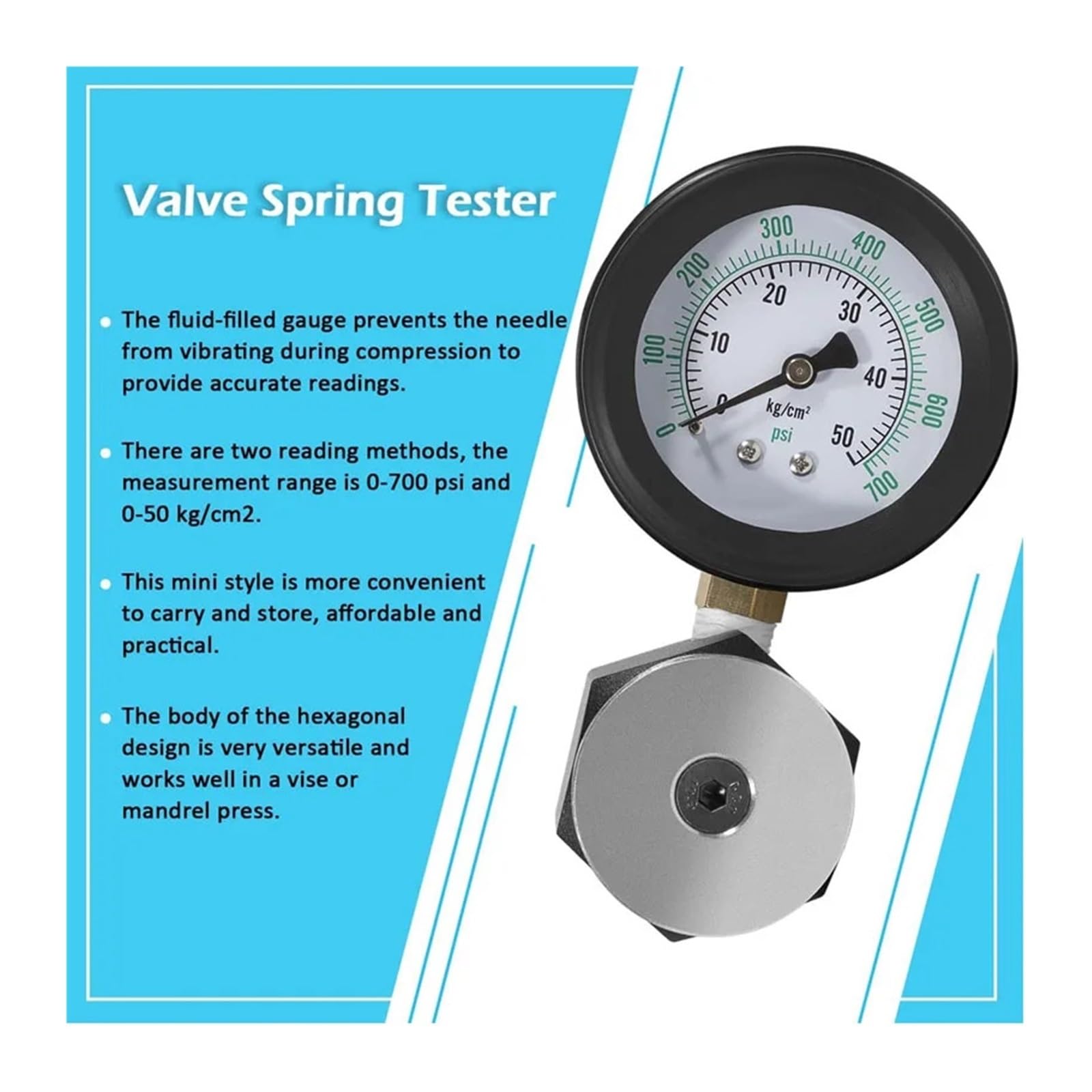 Probador de presión resorte válvula Mini Universal, unidades medición doble e, rango 0-700 Psi/0-50 Kg-cm2,Precisión del dial de precisión