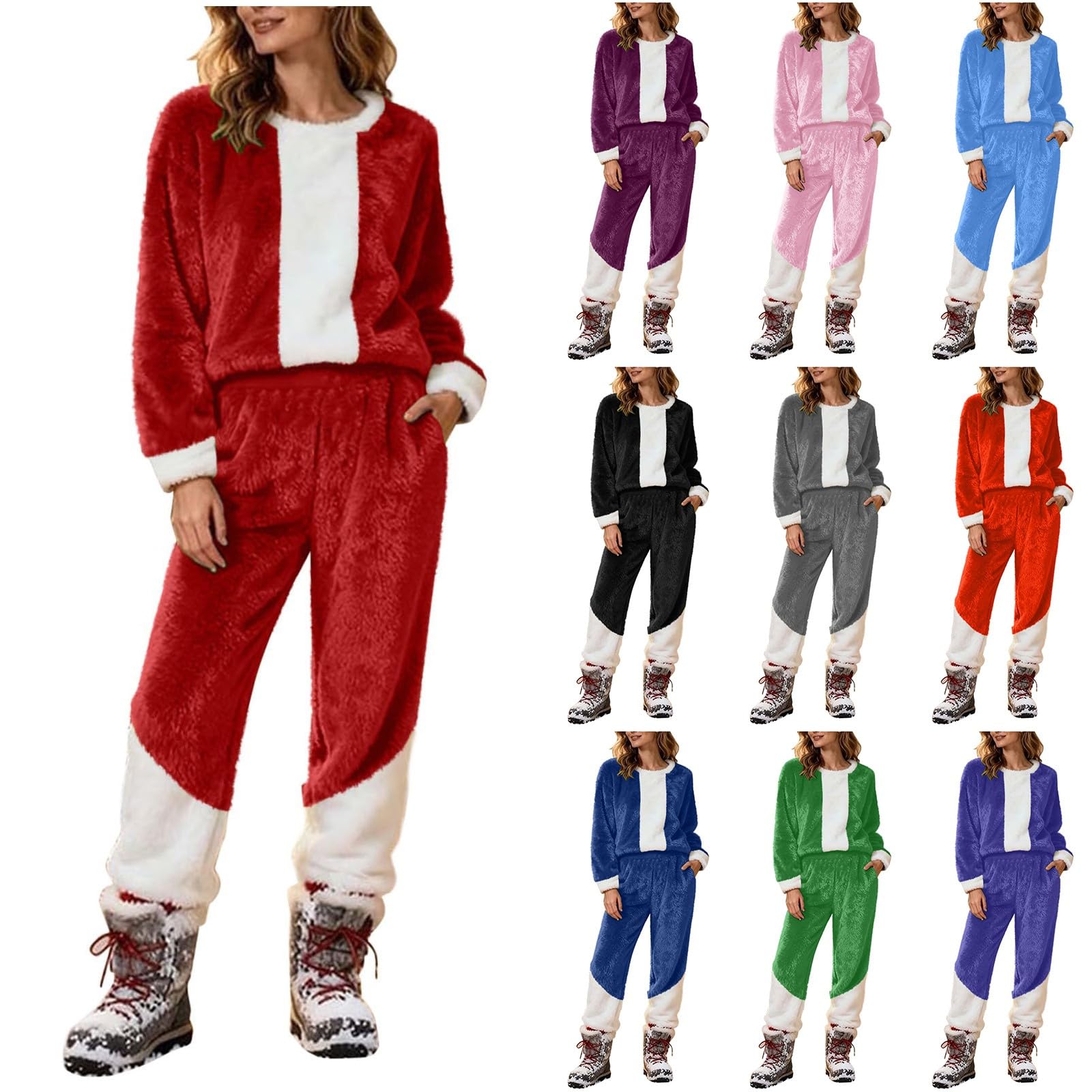 Pijama de franela para mujer, largo, cálido, de dos piezas, ropa de salón mullida, traje de casa para mujer, bloque de color, traje de Navidad
