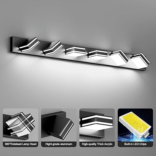 Miniatura 4 de Ralbay Lámpara LED moderna de tocador de 48 pulgadas para baño, 6 luces, acrílico, moderna, color negro mate, accesorios de iluminación sobre espejo