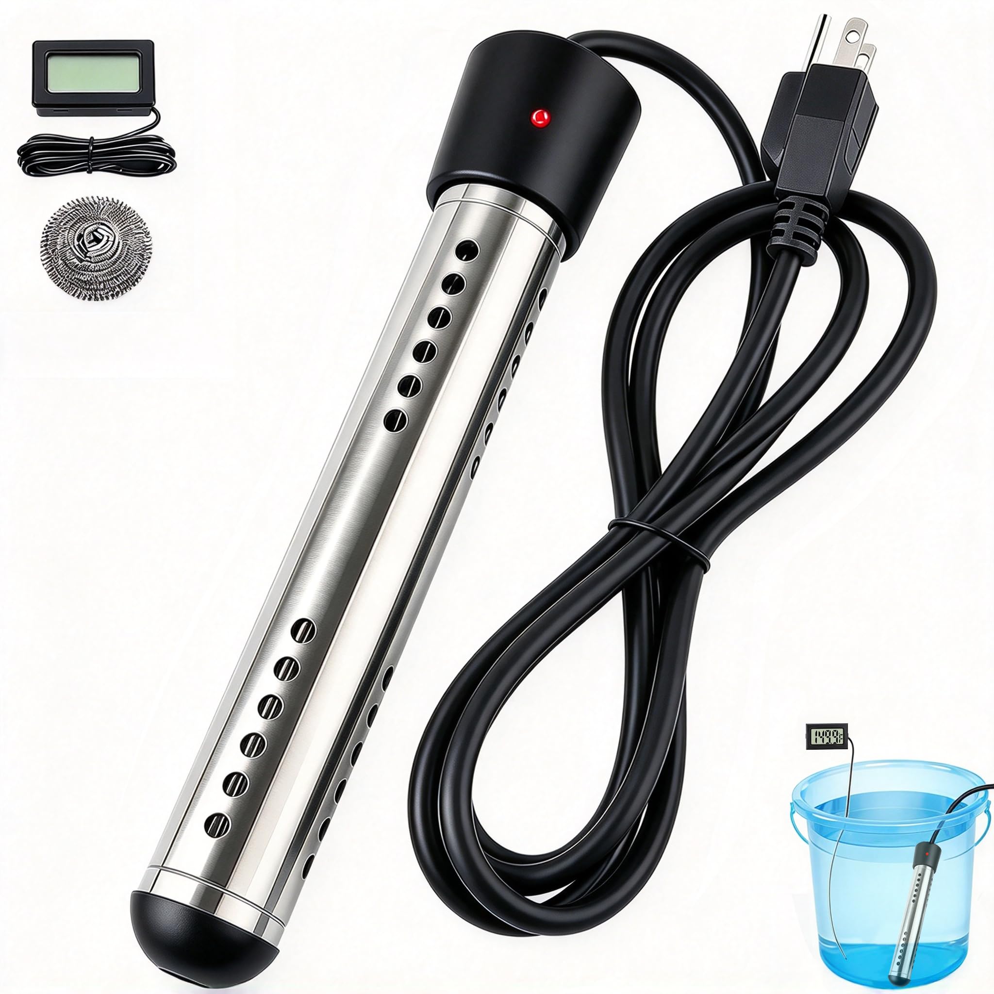 Fast Heating，Real‑time Temp Monitoring, Multi‑Scenario Use, Ideal for Camping & Household Temporary Hot Water 2000W Portable Immersion Water Heater with Digital LCD Thermometer