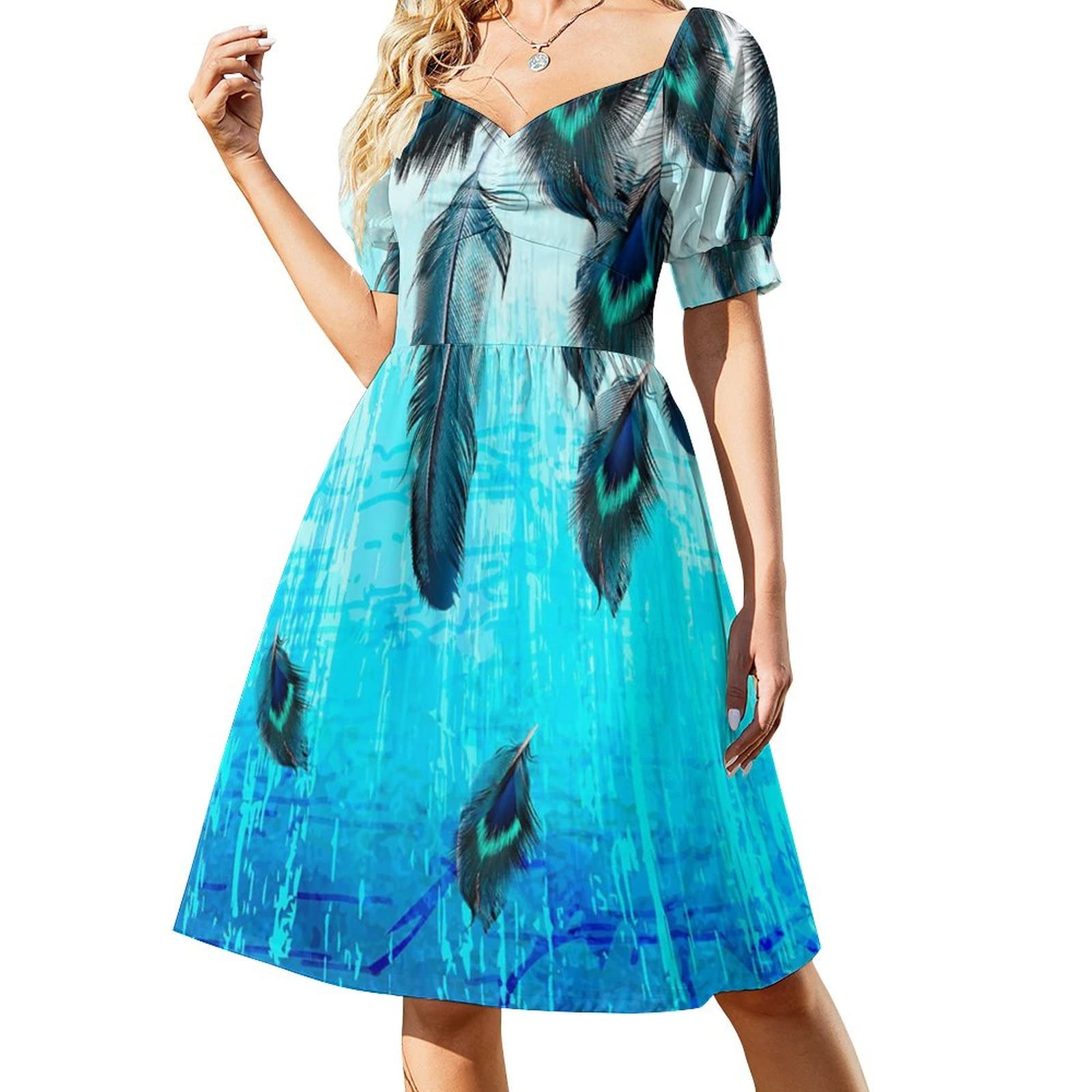 Bird Feathers Wing Background Women's V-Neck Printed Short Sleeve Dress High Waist Smocked Ruffle Sun Dress