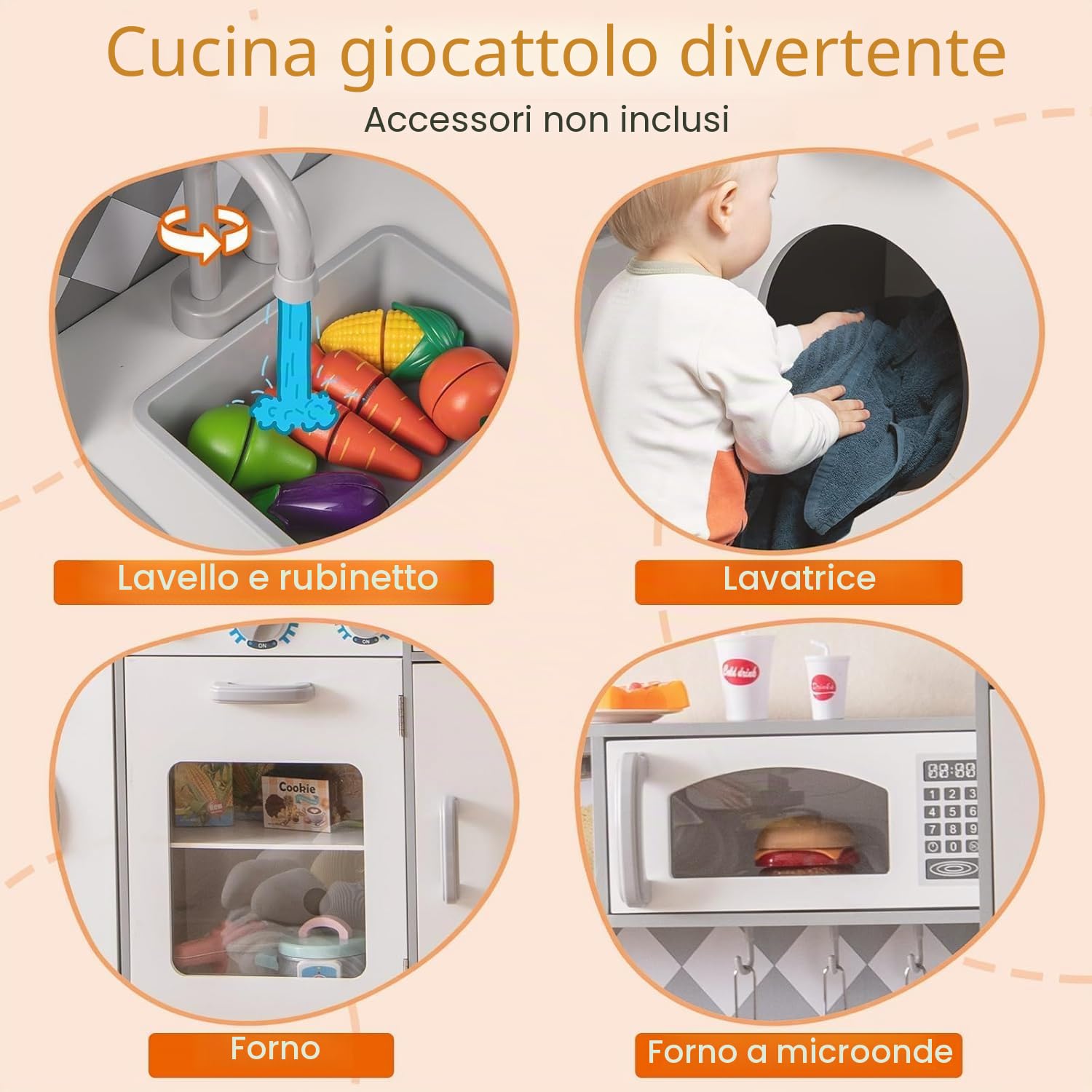 FANTASK Cucina per bambini in legno per bambini dai 3 anni in su, cucina in legno con luce e suono, cucina giochi con fornello, lavatrice, forno, microonde, accessori da cucina