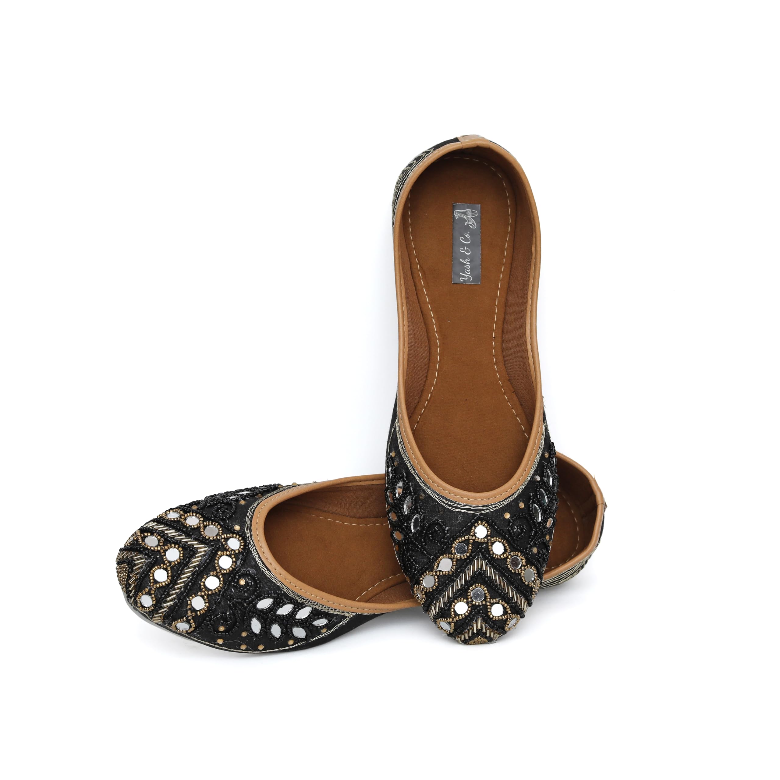Golden Beads & Mirror Jutti | Hand Crafted Women's Ethnic and Traditional Mojari | Elegant and Comfortable Bellie Black (Size 4)-image-3