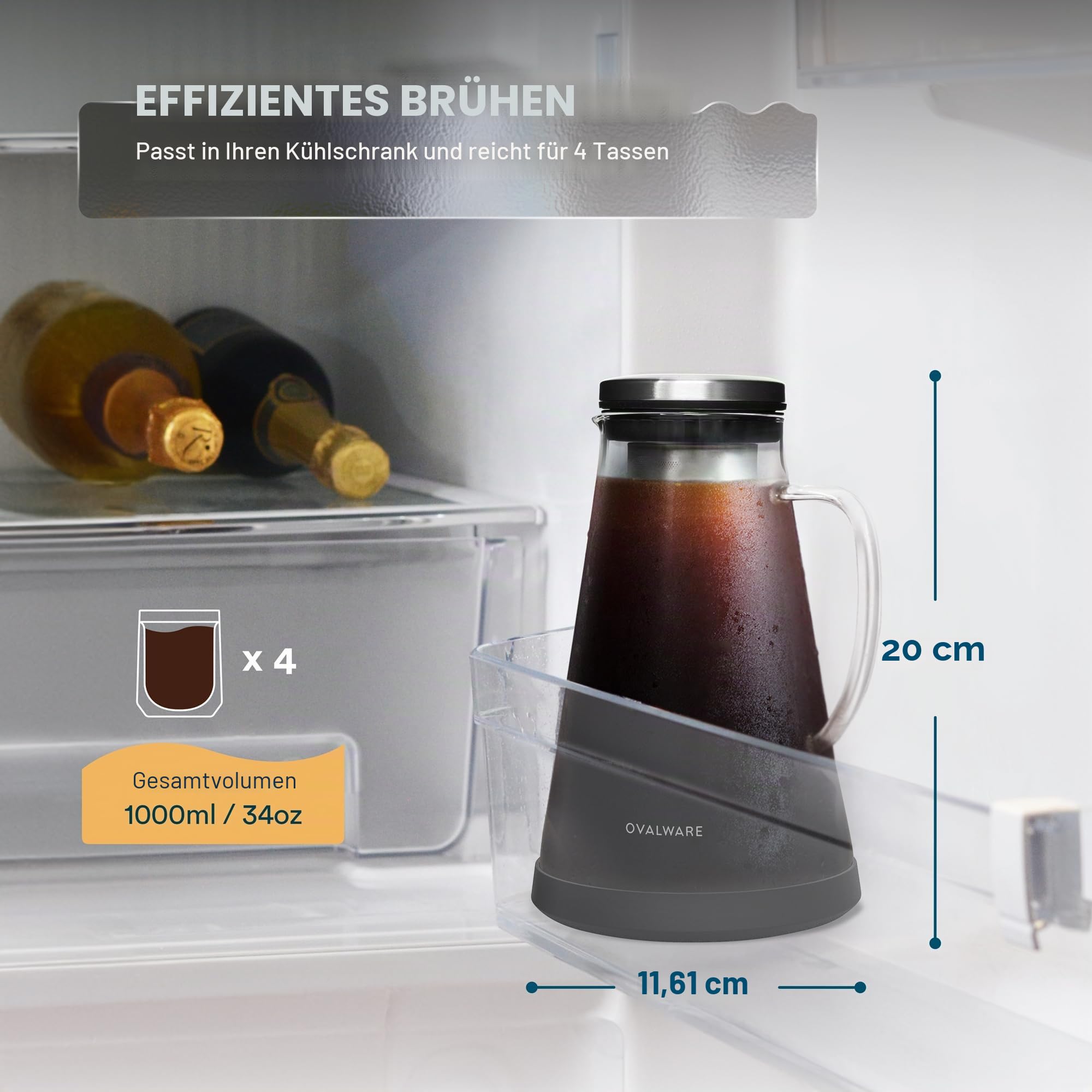 ovalware Cold Brew Coffee Maker - Luftdichte Kaffeemaschine für kalten Kaffee und Teesieb mit Ausguss RJ3 Brühglaskaraffe mit (1.0 Liter)