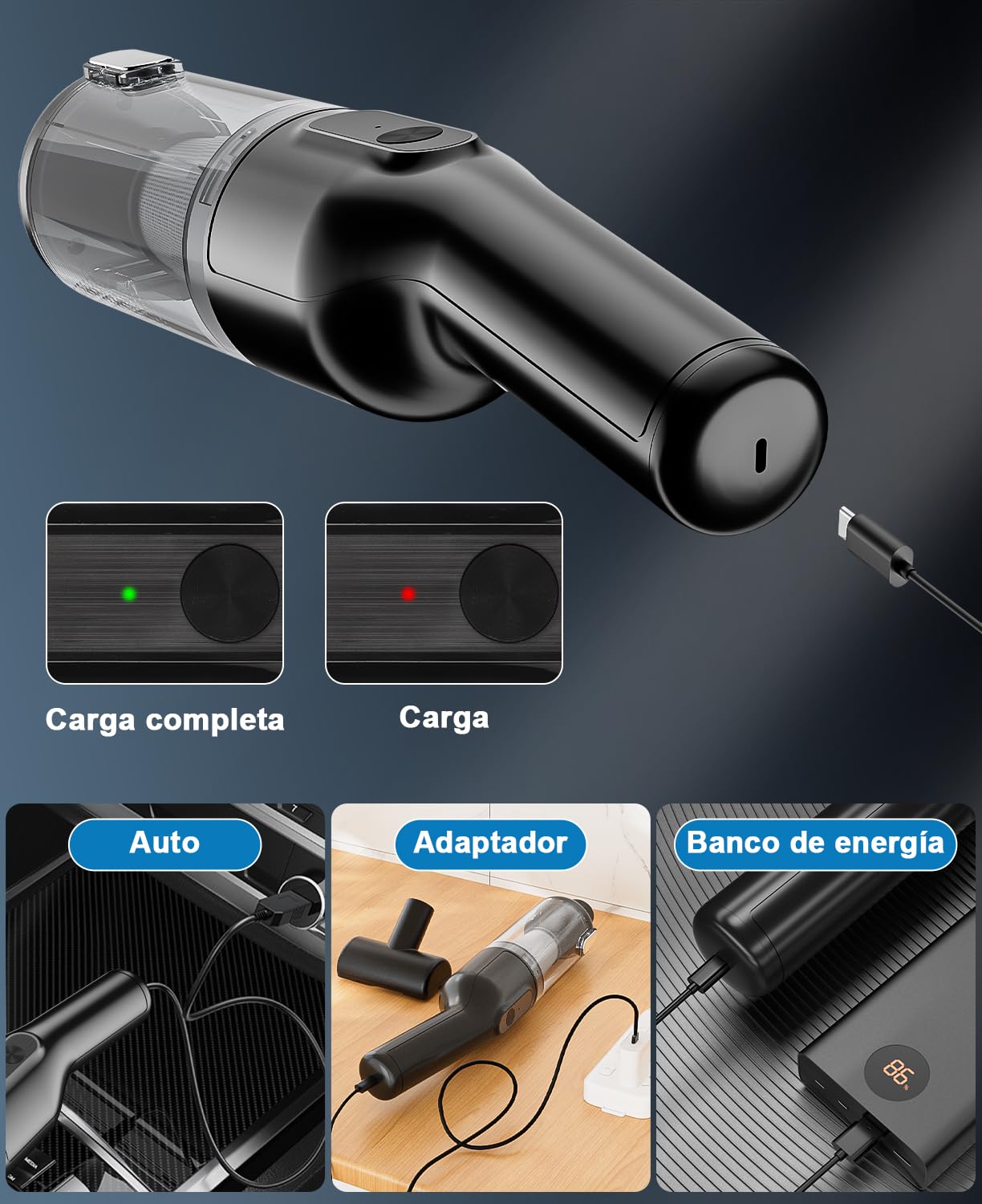 Aspiradora de Mano Sin Cable Potente 16000pa, Aspirador de Coche Batería Recargable USB Aspiradora Pelos Mascotas Mini Aspirador Portatil para Hogar y Coche