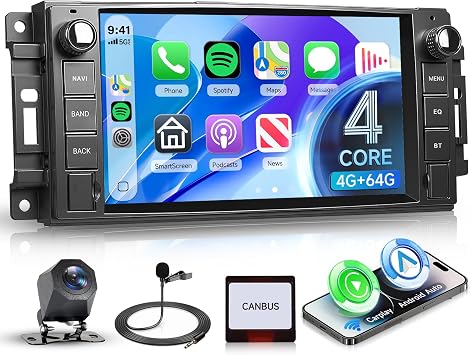 4G+64G Android Car Stereo for Jeep Wrangler JK 2007-2015 Dodge Ram 1500 2009-2011 with Wireless CarPlay Android Auto, 7 Inch Car Radio GPS Navigation WiFi SWC Bluetooth FM with Backup Camera